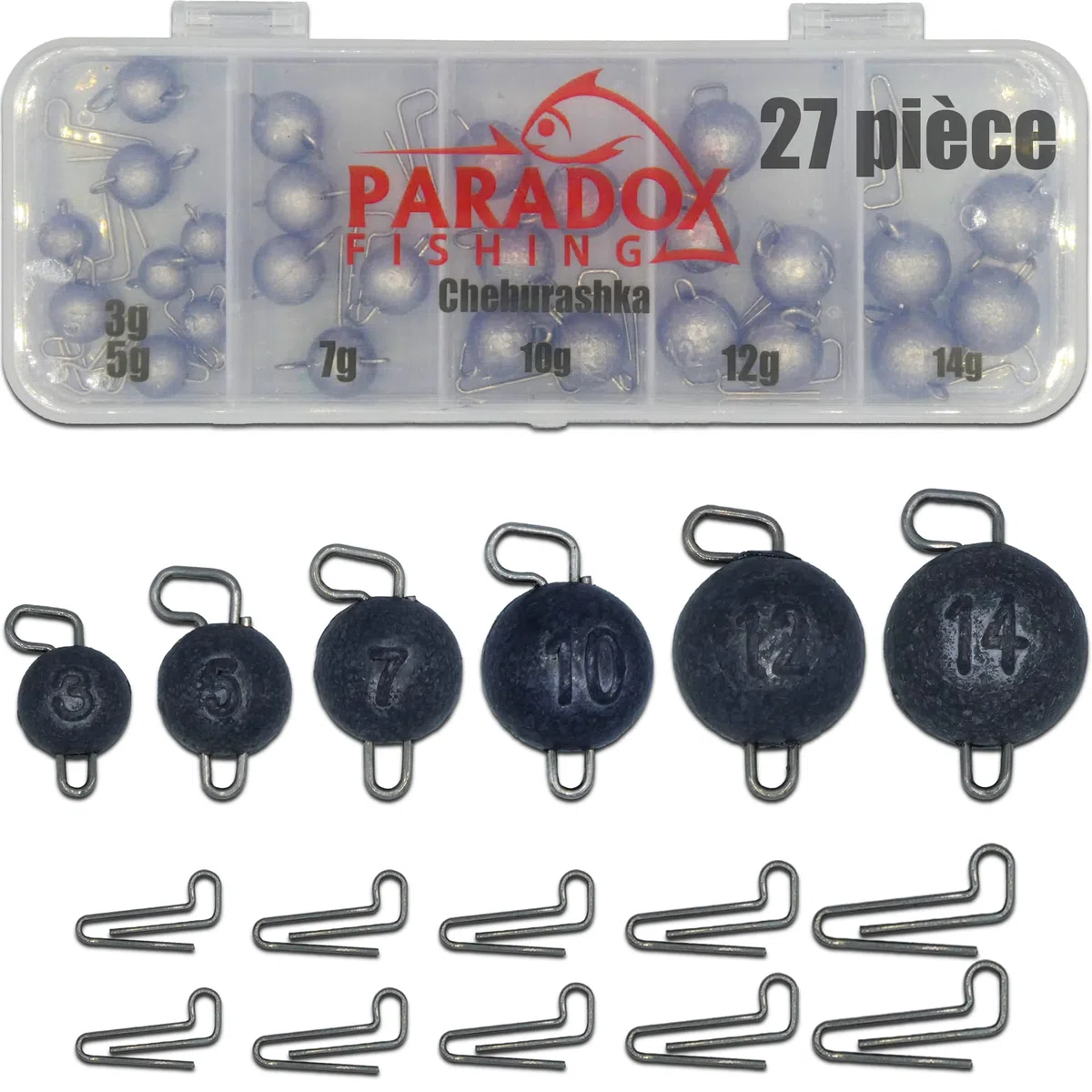 Paradox Fishing Cheburashka Set plombs Plomb (3 g/5 g/7 g/10 g/12 g/14) avec boîte pour hameçons Offset - Drop Shot Têtes plombées Dropshot
