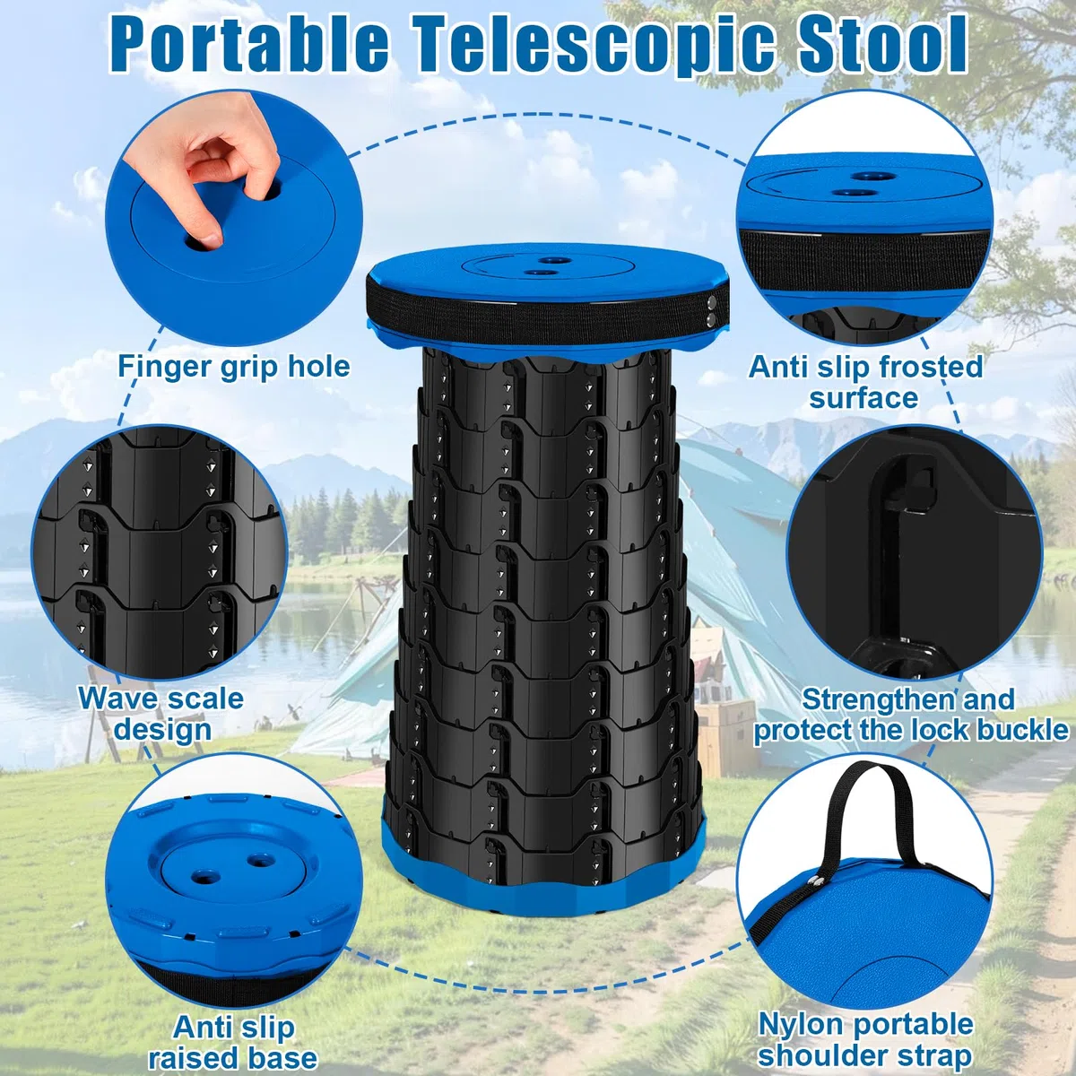 Tabouret Pliant Portable, Tabouret Télescopique, Tabouret de Camping Léger, Hauteur Réglable, pour Camping, Jardin, Cuisine, Randonnée, Pêche, Barbecue, Charge Maximale de 180 kg (Bleu, 1)