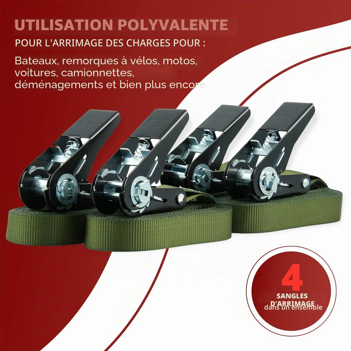 Lot de 4 Sangles d'arrimage Sangles à cliquet, Rochet Noir de Haute qualité, Charge admissible jusqu'à 400 kg, Selon DIN en 12195-2, Longueur 4m Largeur 25mm, en Une pièce, Vert Olive