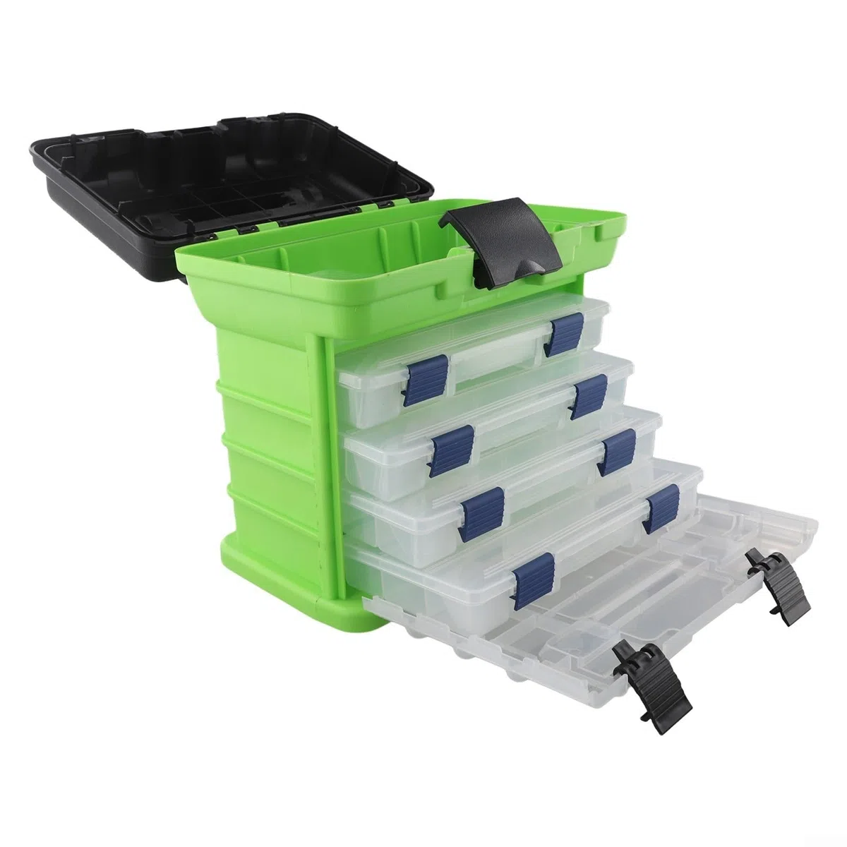 Boîte de rangement pour équipement de pêche à 4 couches avec poignée pliable pour la portabilité et l'assise, boucles de sécurité verrouillables, et grande capacité adaptée aux moulinets, lignes et