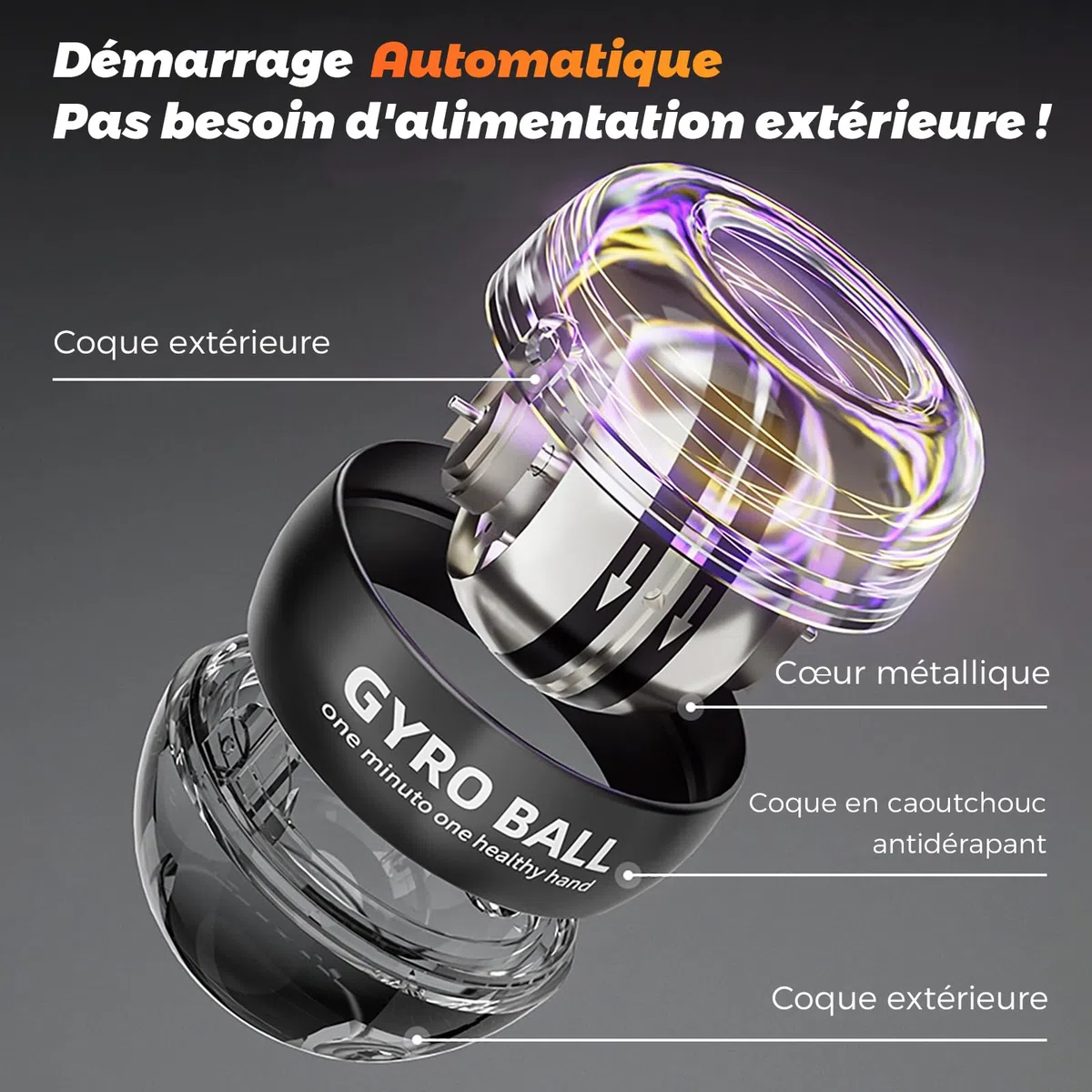 Gyroball Balle d'exercice pour poignet Démarrage automatique 5 niveaux de résistance Contrôle de la lumière Gyroscopique Entraînement Bras Bras Doigt Poignet (étui transparent)