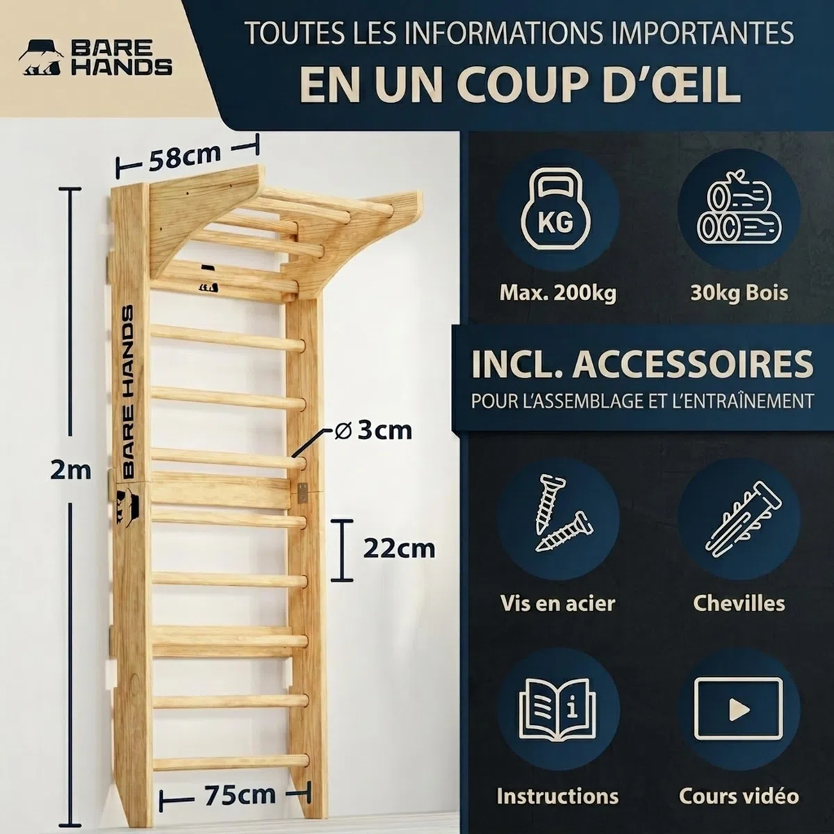 Bare Hands Espalier en Bois pour Adulte et Enfant – Échelle Suédoise Ultra Robuste Jusqu’à 200 kg – Espalier Gym & Musculation pour la Maison – avec ou sans Barre de Traction et Barres à Dips