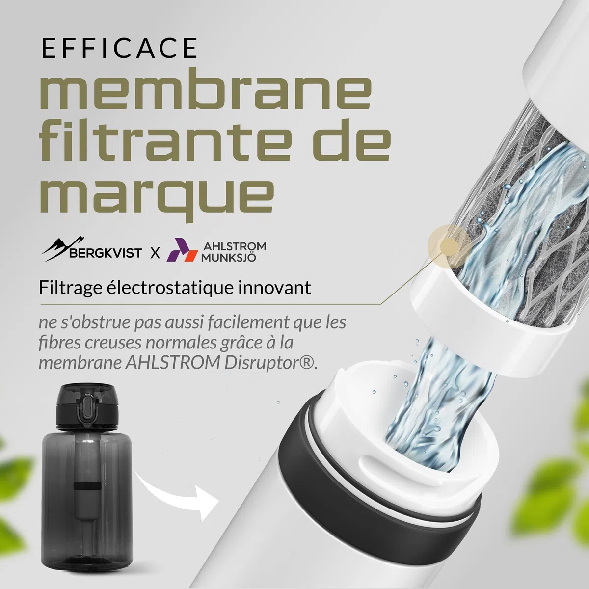 BERGKVIST® Outdoor Bouteille filtrante FJÄLLKLAR [1l], noir | Gourde d'un litre avec filtre d'AHLSTROM® pour de l'eau potable propre en camping, randonnée et aventures de survie