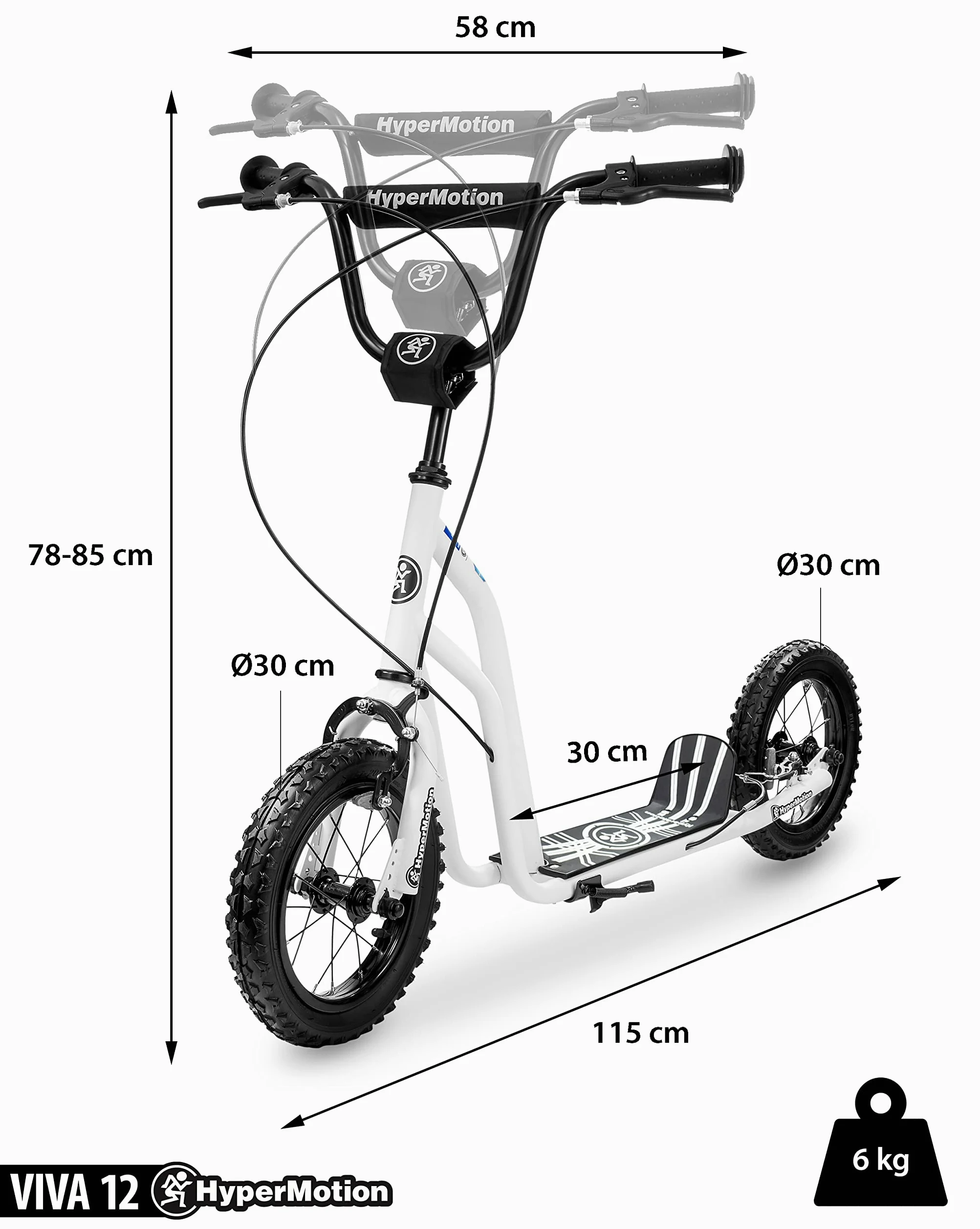 HyperMotion Trottinette Viva 12 pour Enfants et Adolescents Jusqu'à 50 KG Cadre Acier Massif 2 Freins Hauteur Réglable 78 à 85 CM Roues gonflables 30 CM - Blanche