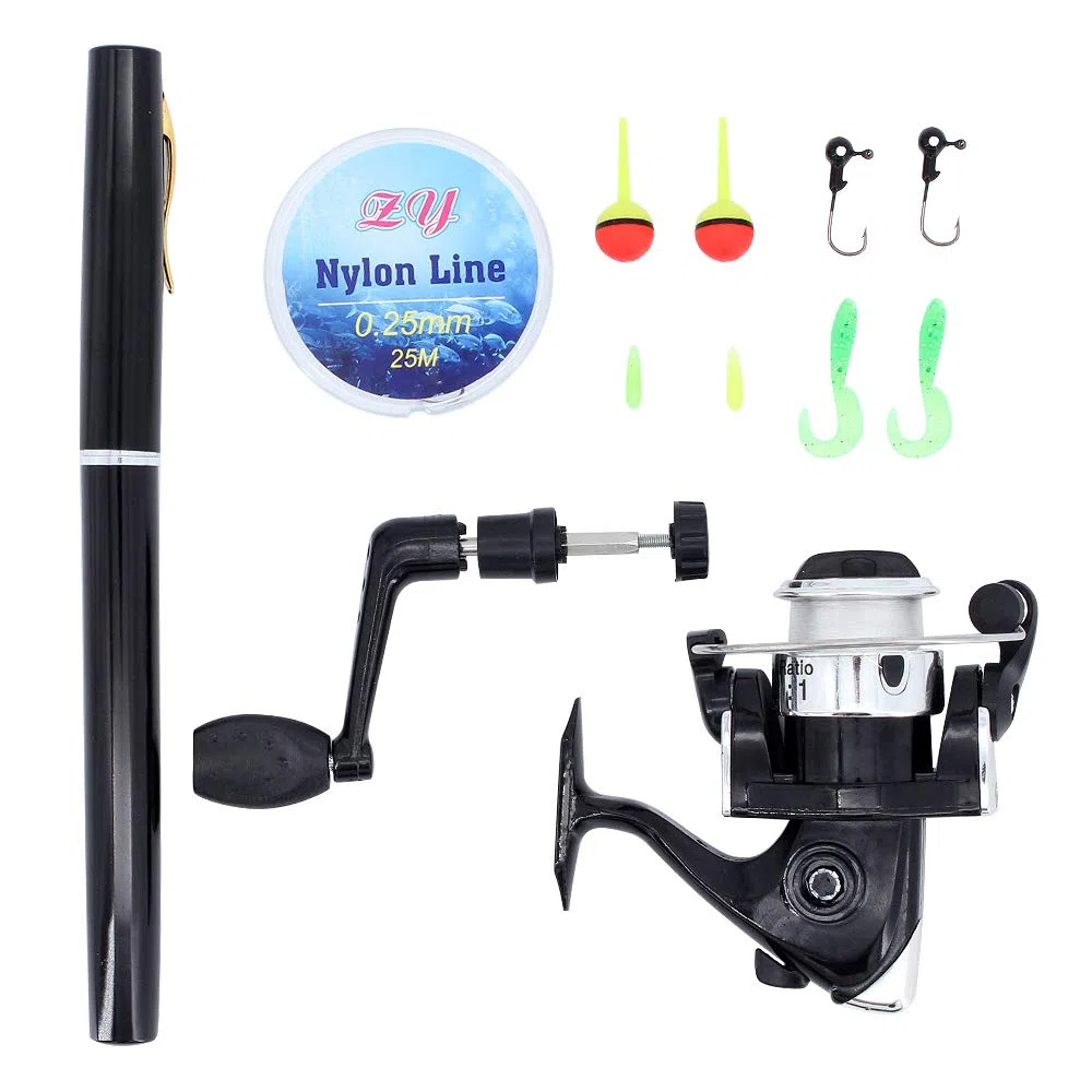 Enrouleur de canne à pêche en forme de stylo Combo Set Mini télescopique portable de poche Pôle de canne à pêche 25 m Ligne de pêche Kit et accessoires