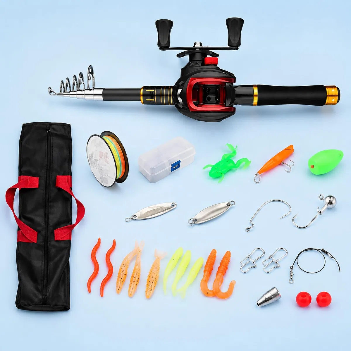 Kit Canne à Pêche 1,6m en Carbone, Moulinet et Accessoires Complets pour Carnassiers, Ruisseau