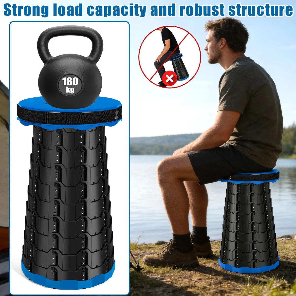 Tabouret Pliant Portable, Tabouret Télescopique, Tabouret de Camping Léger, Hauteur Réglable, pour Camping, Jardin, Cuisine, Randonnée, Pêche, Barbecue, Charge Maximale de 180 kg (Bleu, 1)