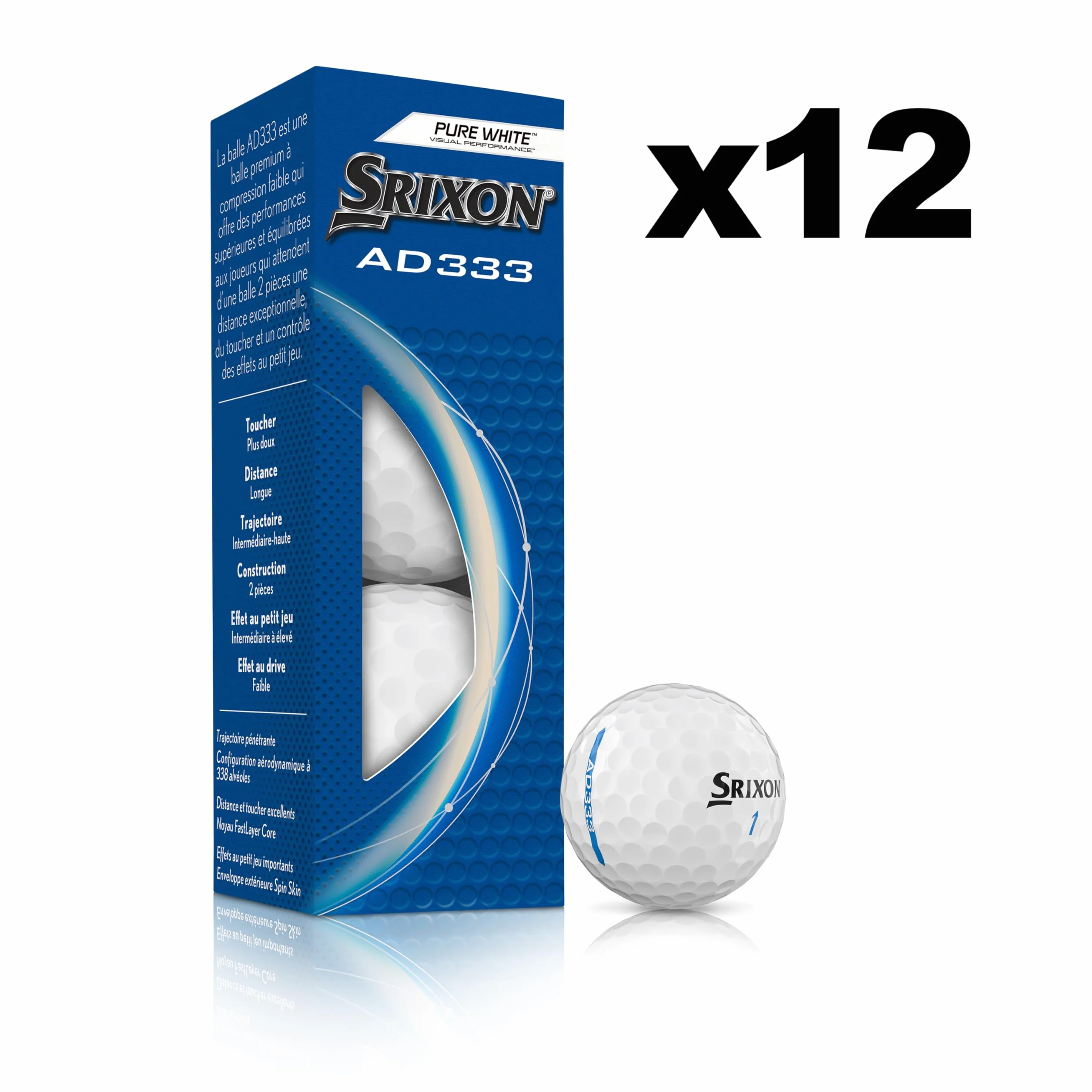 Srixon AD333 Balles de Golf Longue Distance|Toucher Plus Doux et Contrôle Exceptionnel |Emballage Écologique |Idée Cadeau Golfeur | Boîte de 12