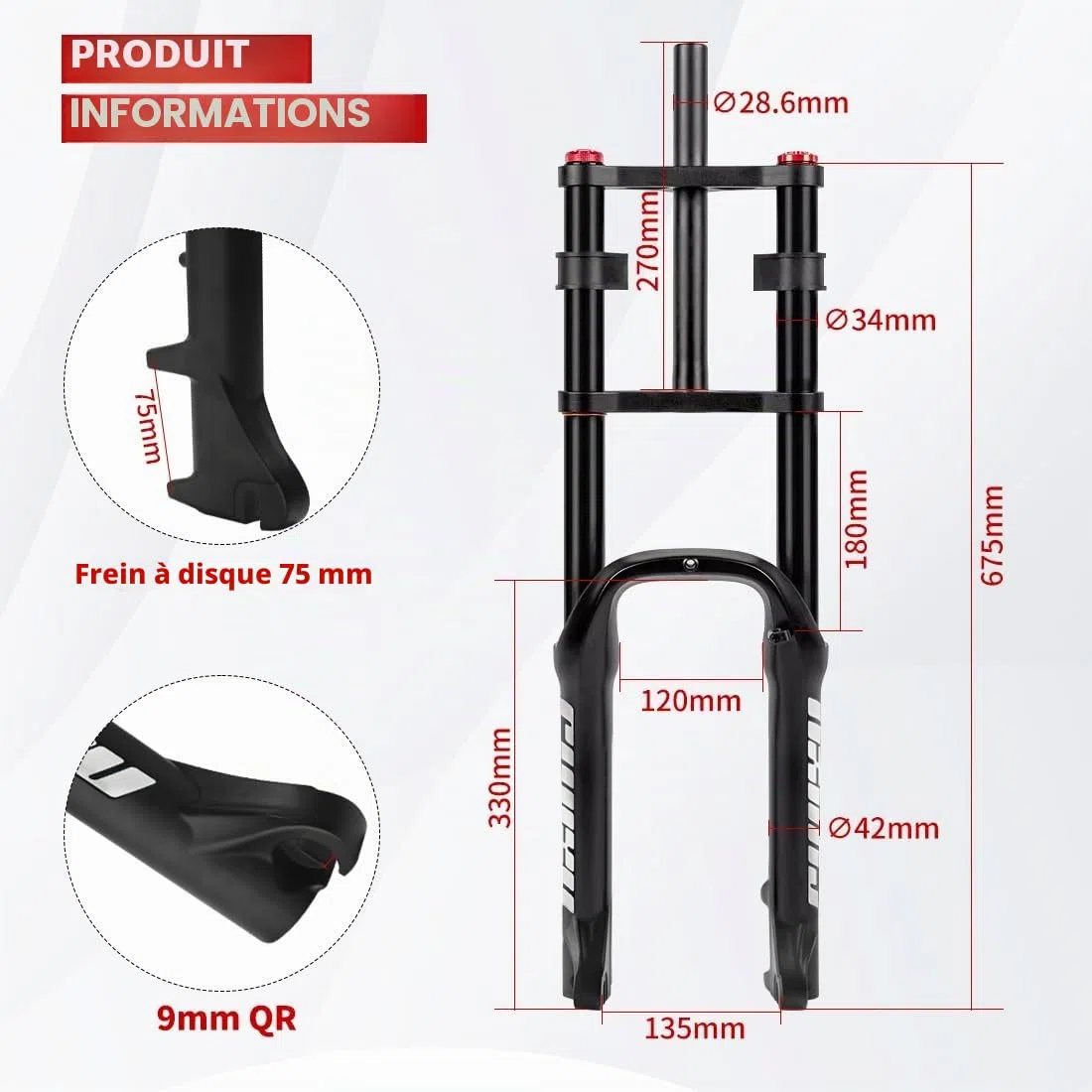 Fourche à pneu 20 x 4,0 pour vélo électrique BMX - Fourche avant conique - Frein à disque droit 120 mm avec réglage d'amortissement - QR 135 x 9 mm - 2,6 kg