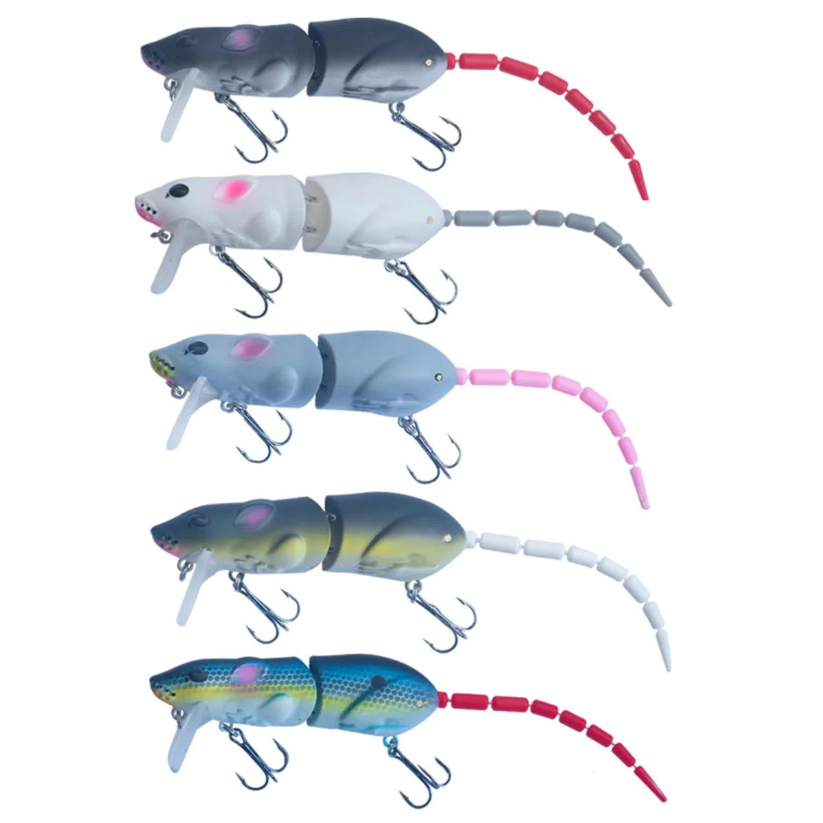 Lere de pêche Articulé 3,35, 5pcs Bionics Design Mouse Lures avec 2 Crochets aigus, Appât de pêche Professionnelle pour l'eau Douce et Salée