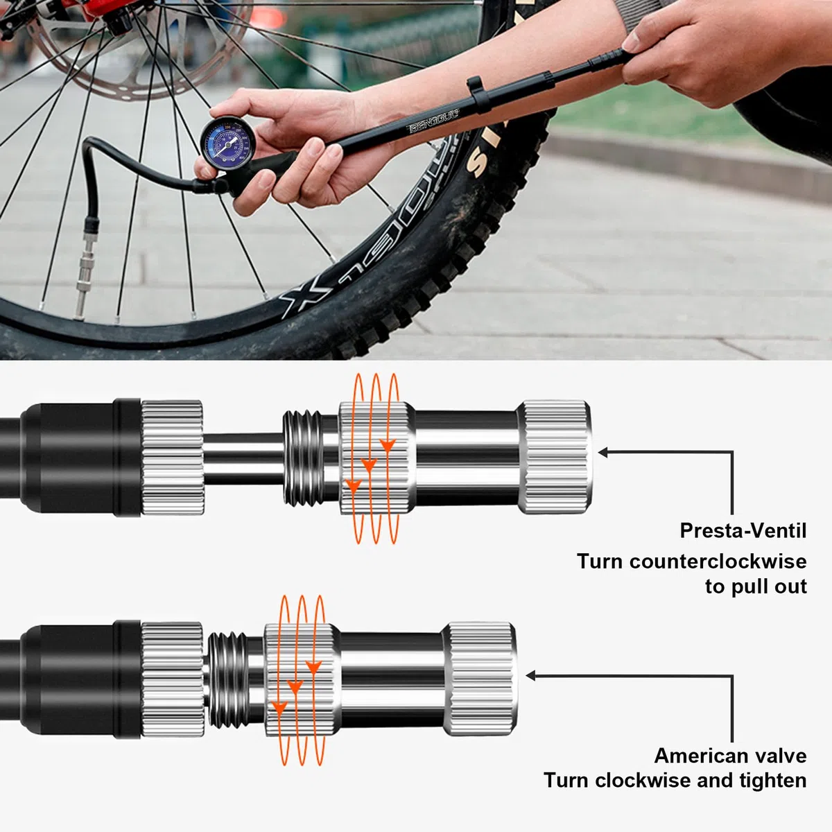 Pompe de choc pour vélo haute pression (max 400 psi) 3 en 1 – Pompe à fourche à suspension, pompe à choc arrière et gonfleur de pneu, pompe à vélo avec manomètre, mini pompe portable avec valve de