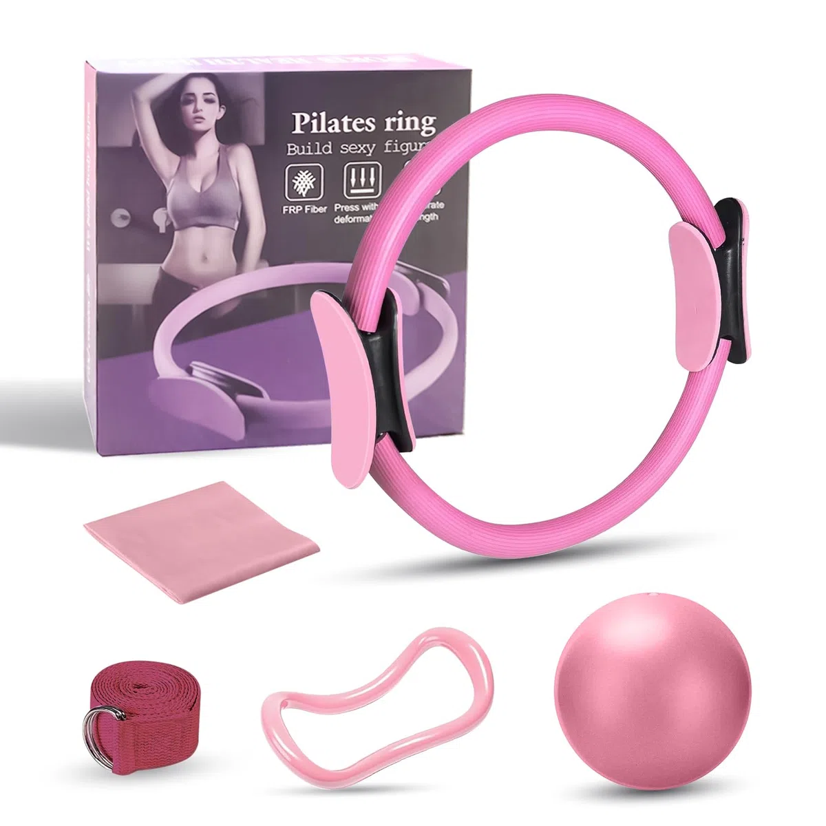 Cercle Pilates 38 cm, Kit Pilates Maison, Accessoires Anneau Yoga, Bande 1.5m, Ballon 25cm Bande d'Etirement, pour Force, Flexibilité, Stabilité, Débutants à Experts