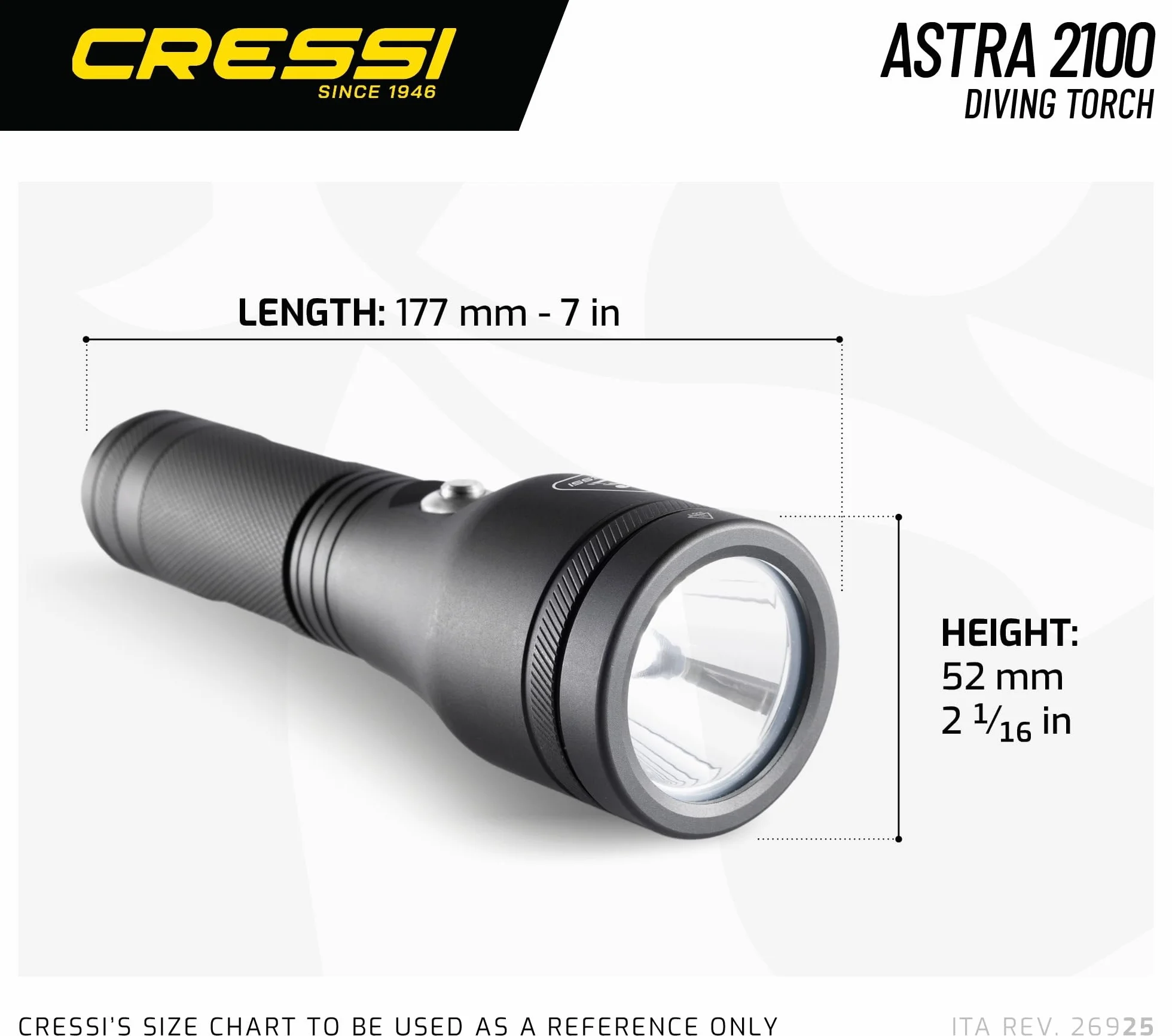 Cressi Astra 2100 Torch Black-Torche sous Marine à LED Rechargeable 2100 Lumens Etanche IPX8 100m, Unisex, Noir et Compacte pour la Plongée, la Pêche, Les Explorations Aquatiques