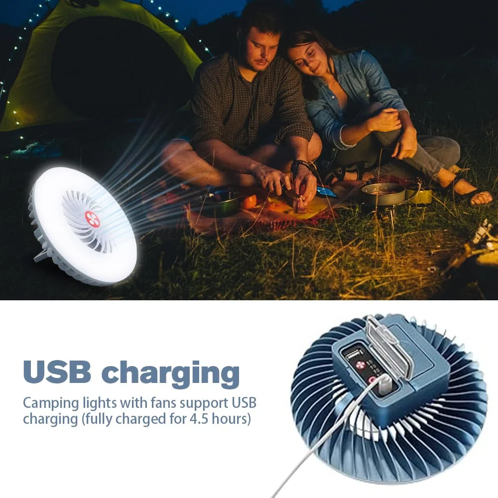 Ventilateur Lampe de Camping LED, Lampe de Tente LED avec Ventilateur Rechargeable USB, Ventilateur USB léger, Lumière avec Aimant Crochet Suspension, pour Camping Gril (bleu)