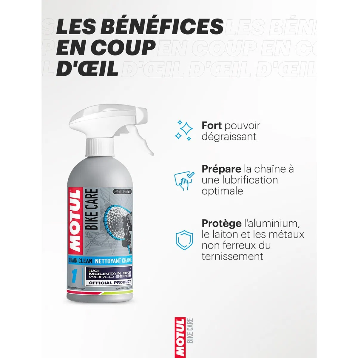 Motul - Nettoyant Chaîne VTT en Spray - Dégraissant Sans Solvant - Protège et Prépare à la Lubrification - Compatible Toutes Chaînes - Sans COV - Bike Care Chain Clean Off Road - 500 ml