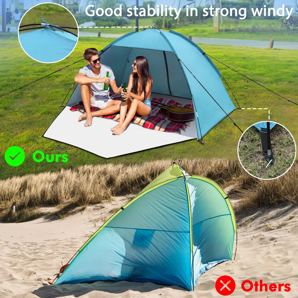 Tente de Plage pour 1-3 Personnes, Tente de Plage Anti UV, Abris de Plage Tente de Camping Poids Léger, Facile à Installer et Portable, pour Camping, Pêche, Pique-Nique, Jardin