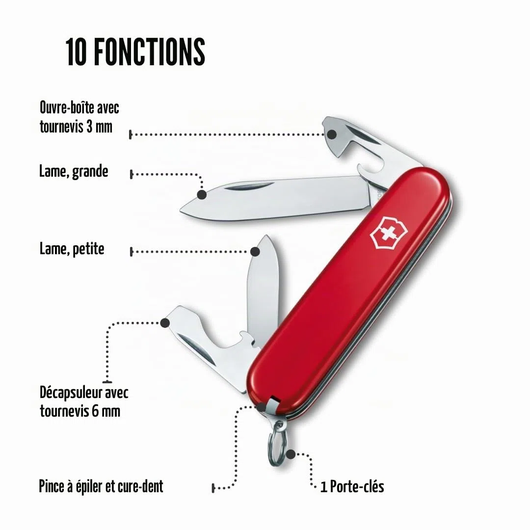 Victorinox, Recruit, Couteau de Poche Suisse, Multifonction, Léger, 10 Fonctions, Grande lame, Ouvre-boîtes, Tournevis 3 mm