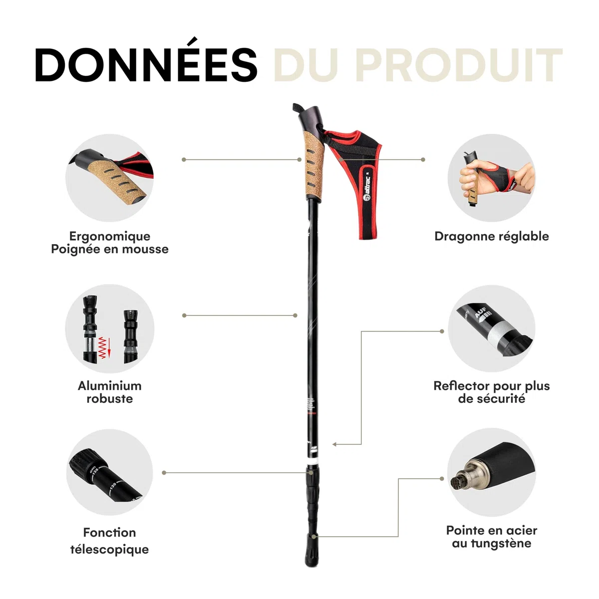 ATTRAC Baton de marche nordique - Classic avec système télescopique, antichoc et amortisseur, bâtons de marche à ressort - Longueur réglable de 69 à 136 cm - Poignée en liège (Noir-Rouge)