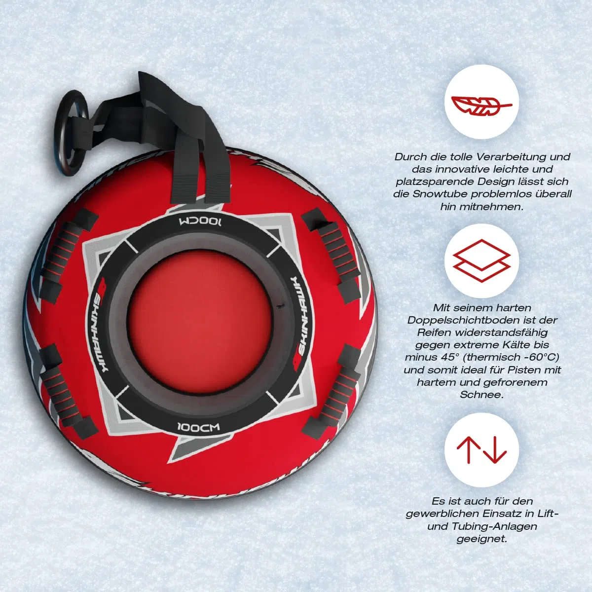 SKINHAWK SNOWTUBE Pneu de luge professionnel Rouge Ø 100 cm Avec pompe électronique haute performance 100 PSI