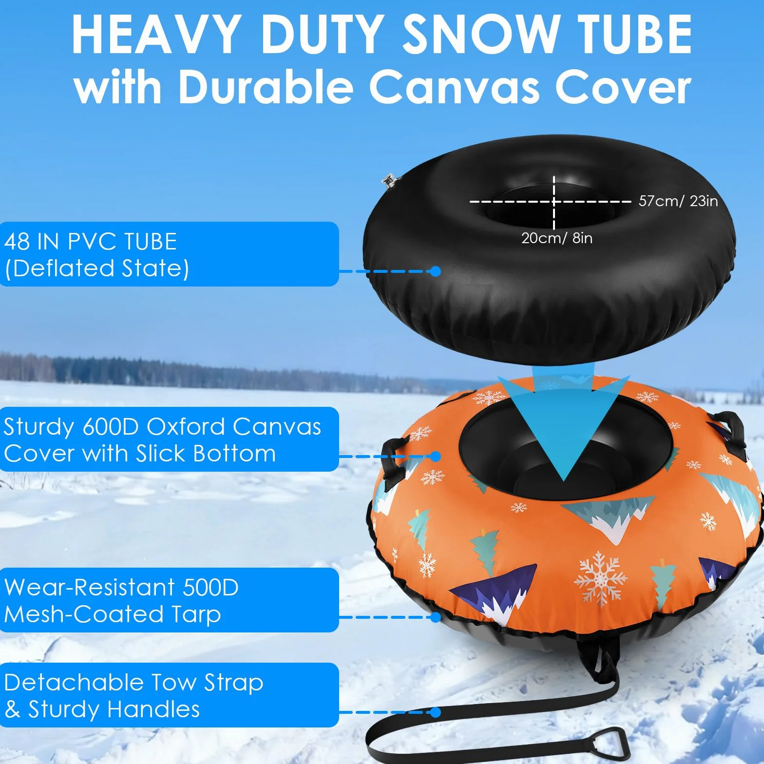 BROTOU Snow Tube, Luge Rodel Pneus Luge Neige Pneus de Luge 122cm/30.5 Pouces avec 2 Patchs de Réparation, Poignées et Housse en Toile Luges Gonflables pour Sports d'Hiver en Plein Air