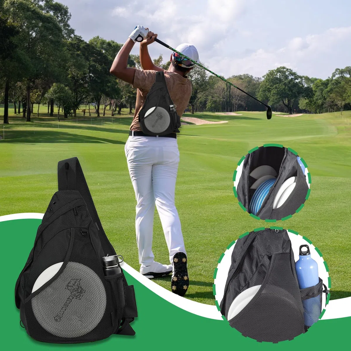 Petit sac de golf à disque, grand sac à dos à bandoulière réglable, séparateurs multi-poches pour le sport, le tennis, le fitness, le camping, la randonnée, 43 x 37,5 x 17 cm