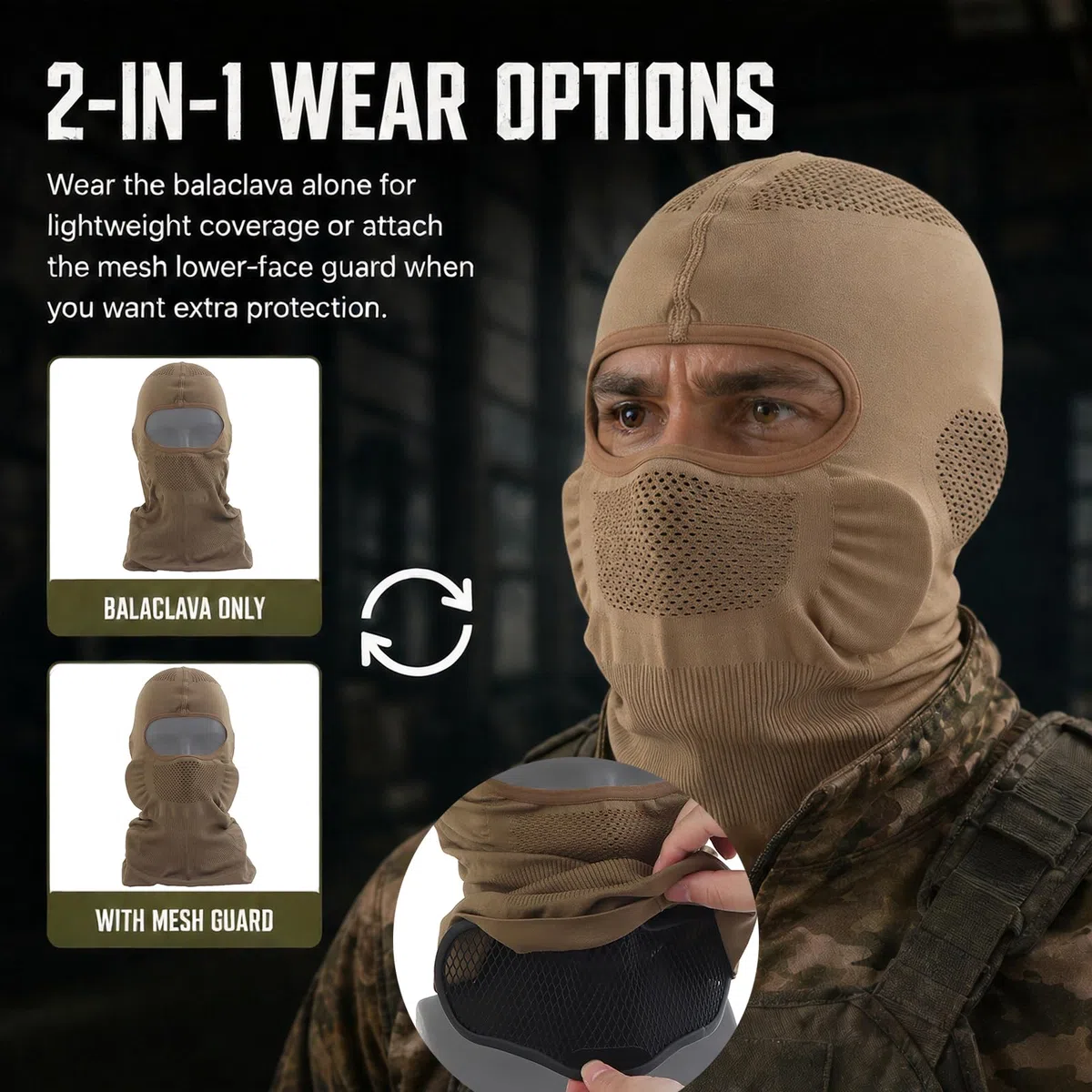 Cagoule Airsoft avec Grille Métallique Amovible pour Le Bas du Visage, Cagoule Respirante 2 en 1 pour Paintball et Plein air Brown