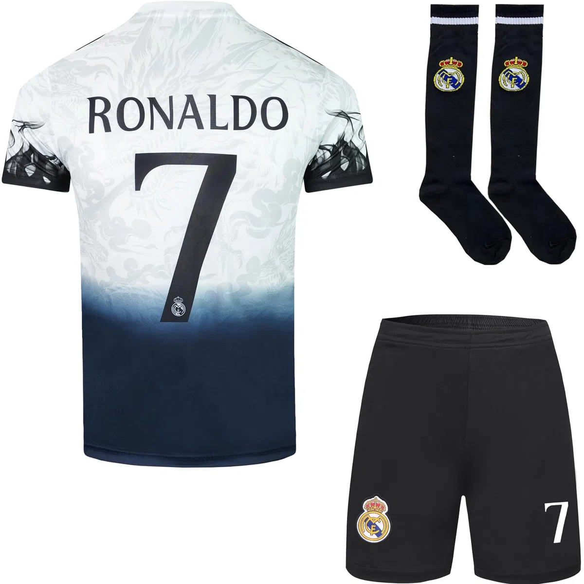 Madrid #7 Ronaldo Édition limitée spéciale Dragon Maillot Extérieur Football pour Enfants Shorts, Chaussettes, Tailles Jeune, Coffret Cadeau