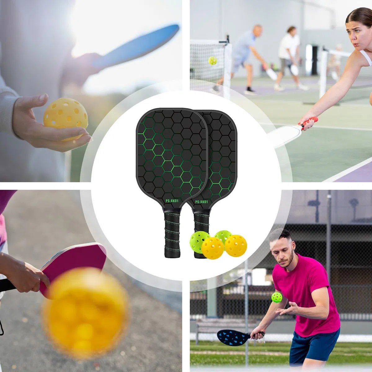 Pickle Ball Jeu de raquettes professionnelles pour jeux en intérieur et extérieur, palettes et balles Pickle Ball | Raquette en fibre de verre avec 4 boules de cornichon, raquette de