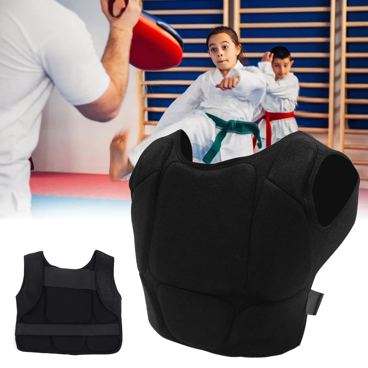 Plastron De Boxe Protection - Poitrine Garde Protecteur Adulte Enfants Karaté Taekwondo Formation Martiaux Poitrine Garde Gilet Boxe Karaté Corps, Doux Et Confortable Noir