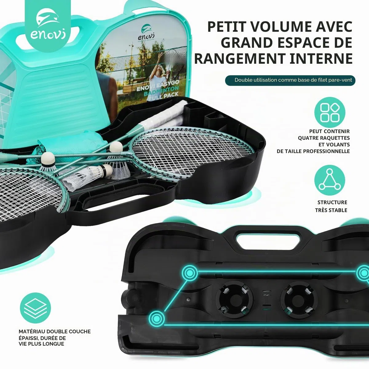 EasyGo Lot de volants de badminton avec 4 raquettes, filet de badminton, 4 volants de badminton, boîte de rangement portable
