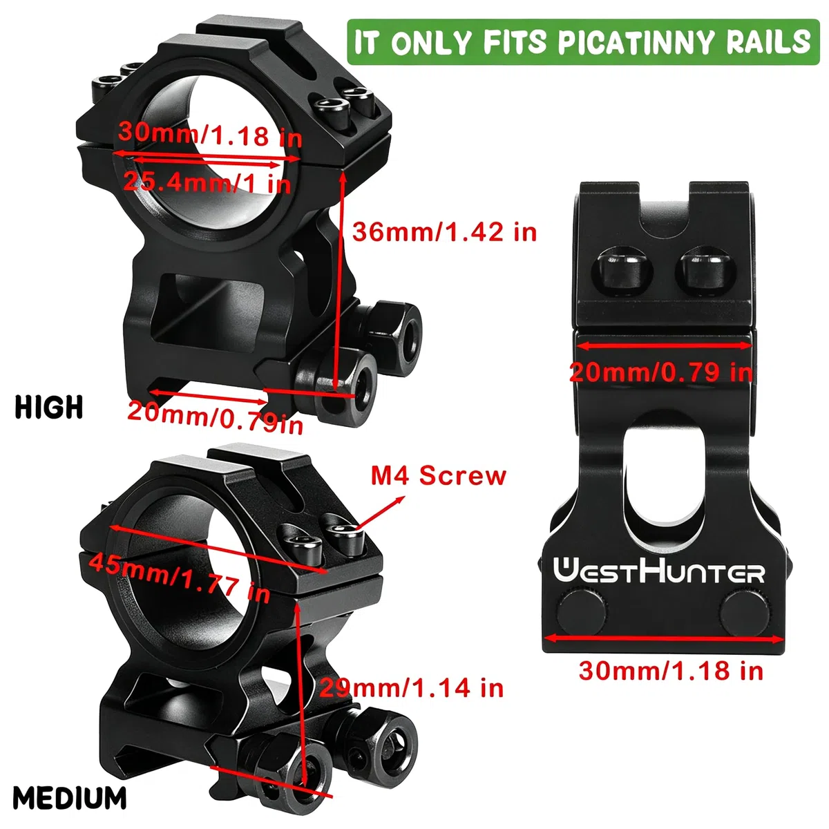 WestHunter Anneaux de Lunette de Précision Industrielle pour Fusil, Montage de Lunette de Visée Picatinny Tactique 25,4 mm 30 mm en Alliage 6061 T6 | Hauteur Centrale de 36 mm / 29 mm