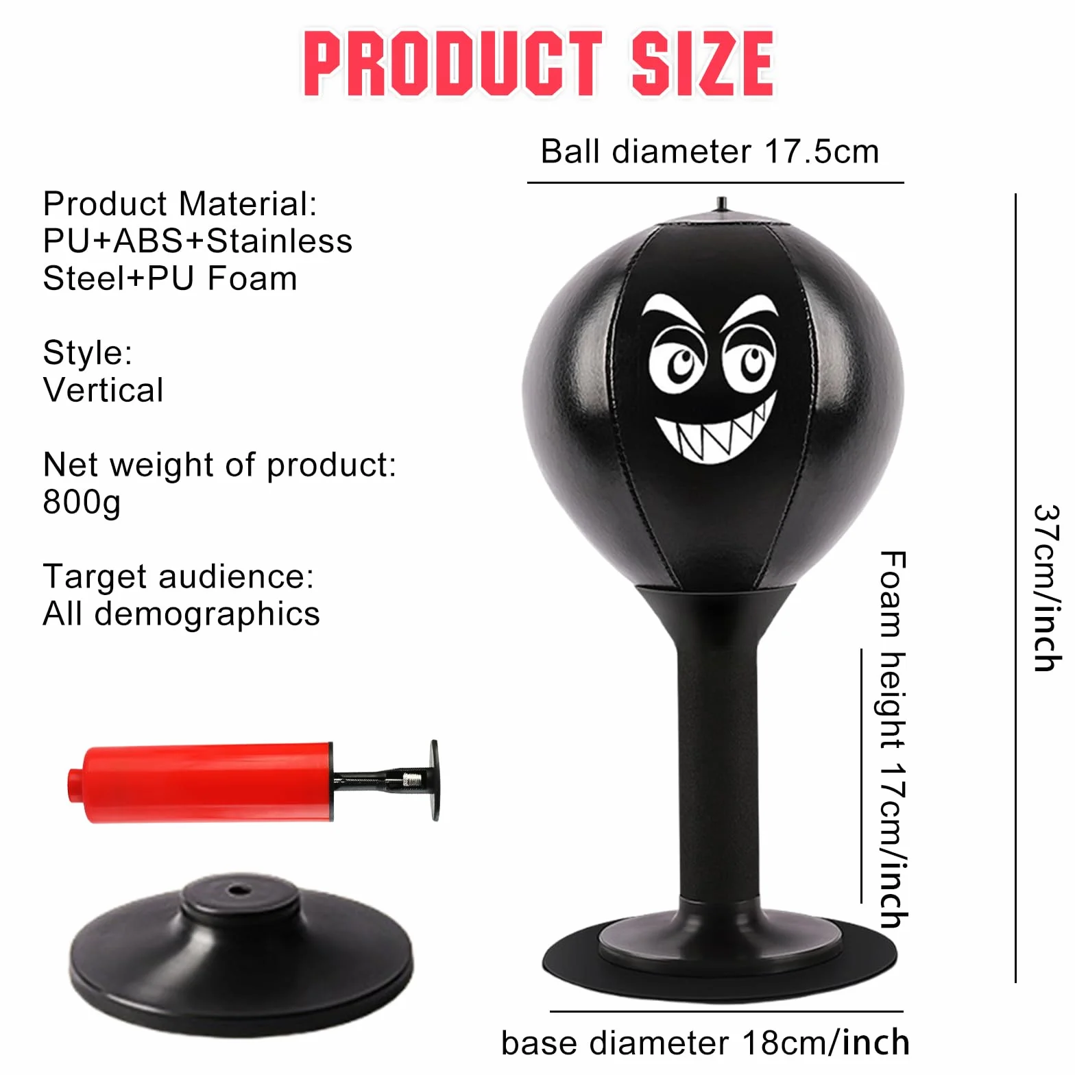 Sac De Frappe De Bureau, AC De Frappe De Bureau, Punching Ball, Sac De Frappe Debout, Table De Punching Ball, Gonflable avec Ventouse Pompe à air Cadeau pour Adultes, Enfants,Noir