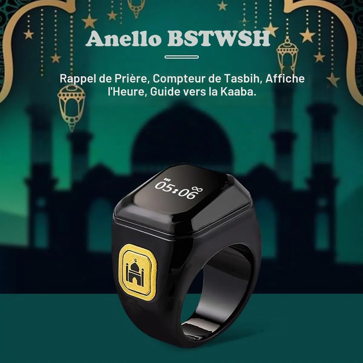 Tasbih Compteur de Prière 22 mm, Anneaux de Comptage de Prière Intelligents, Clicker de Compteur Tally Rechargeable, Compteur de Doigt avec Écran OLED（Noir）