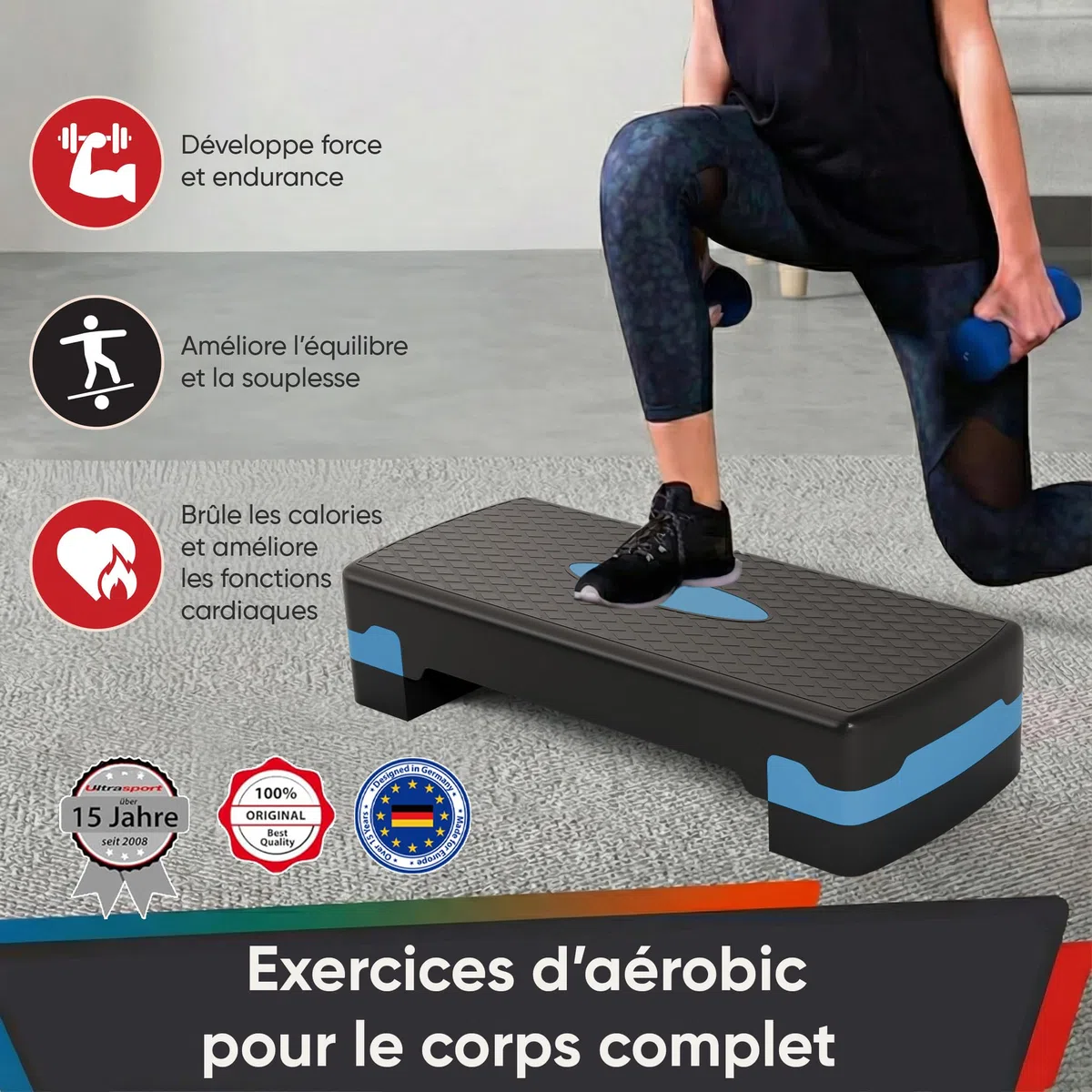 Ultrasport Step Aérobic I Antidérapant, Réglable sur 2 Niveaux I Stepper Fitness Appartement, Stepboard, Sport Stepbench 68 x 28 cm, Bleu