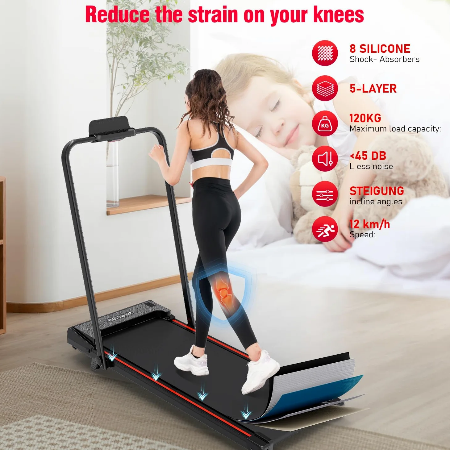 CITYSPORTS Tapis de Course avec Inclinaison Tapis Roulant Pliant 12 KM/H, 4 in 1 Tapis de Marche avec écran LED et Panneau Quick Button, Aucune Installation requise