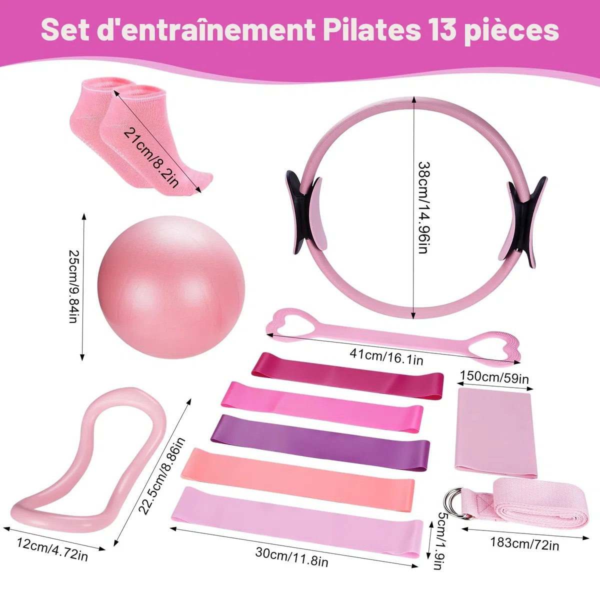 Lot de 18 Anneaux de Pilates avec Anneau de Pilates, Balle de Yoga, Bande de Fitness, Anneau de Tension, Anneau de Massage, Convient aux appareils de Fitness à Domicile