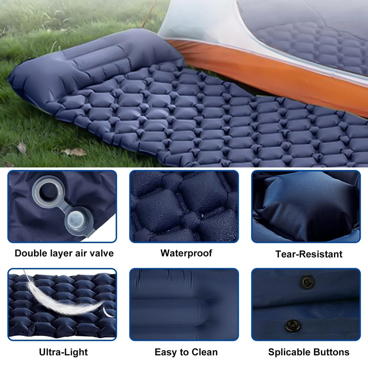 SUNOYA Matelas de camping auto-gonflant - 60 x 190 cm - Auto-gonflant - Avec oreiller intégré - Pour l'extérieur, la randonnée, la tente, bleu marine