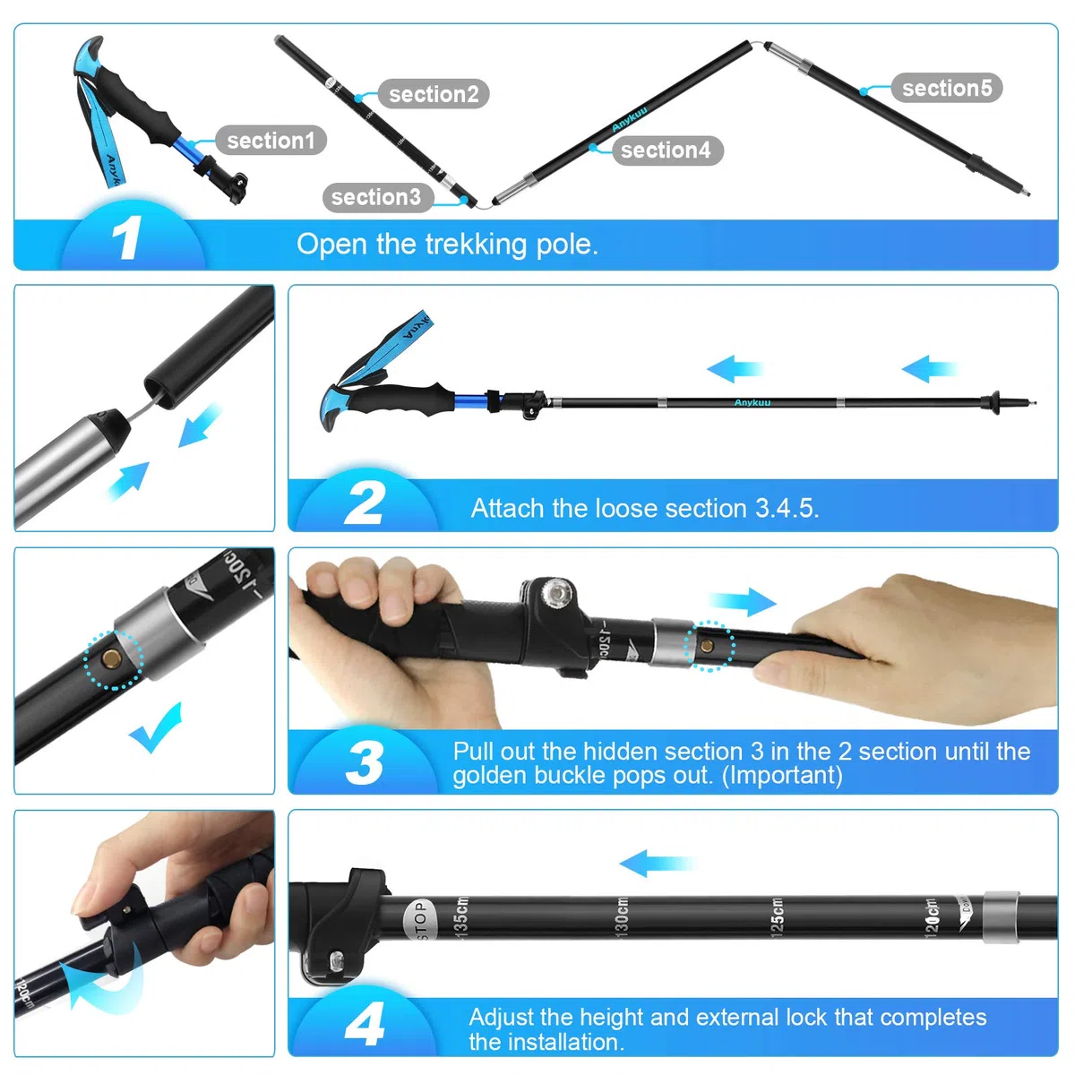 Anykuu Baton de Marche 2 PCS, Bâtons de Randonnée Nordique avec 14 Accessoires d'escalade Telescopiques Antichoc Antidérapant Poles Trekking (Réglables 36-130cm)