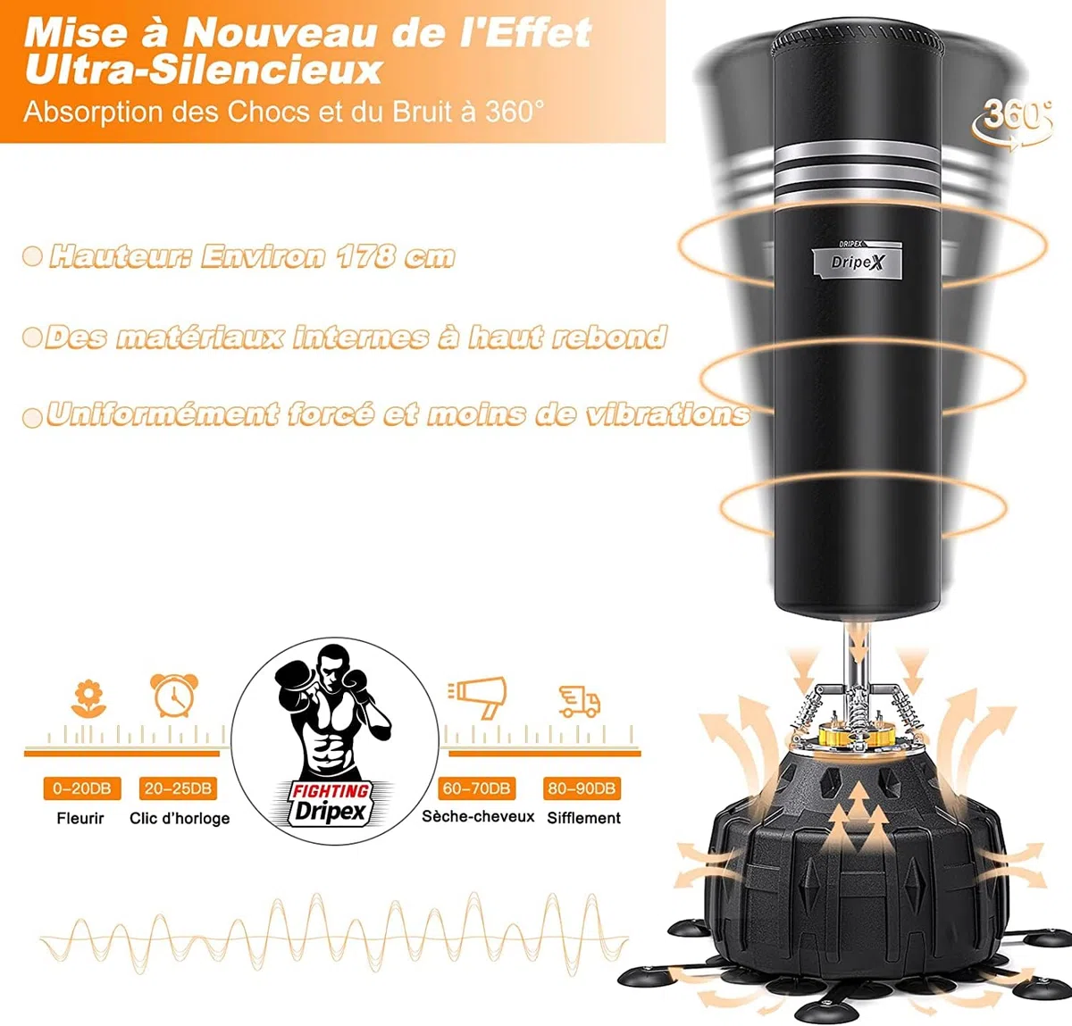 Dripex Sac de Boxe Autoportant Sac de Frappe sur Pied 178 cm Punching Ball avec 19/25 Ventouses pour Muay Thai, Kickboxing, Arts Martiaux et MMA
