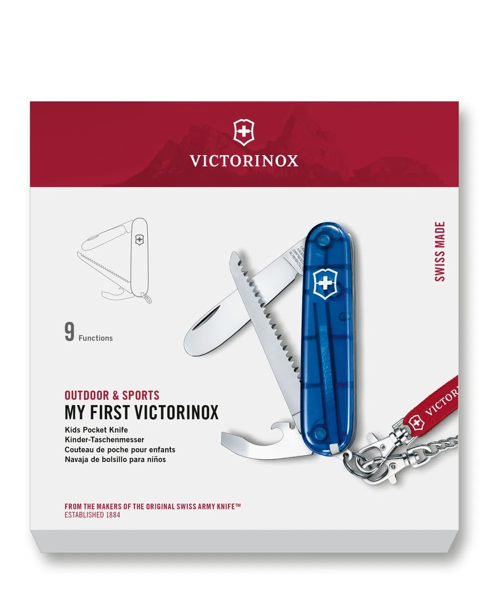 Victorinox My First Victorinox, Mini Couteau de Poche Suisse pour Enfants, Léger, Multitool, 9 Fonctions, Bleu Transparent