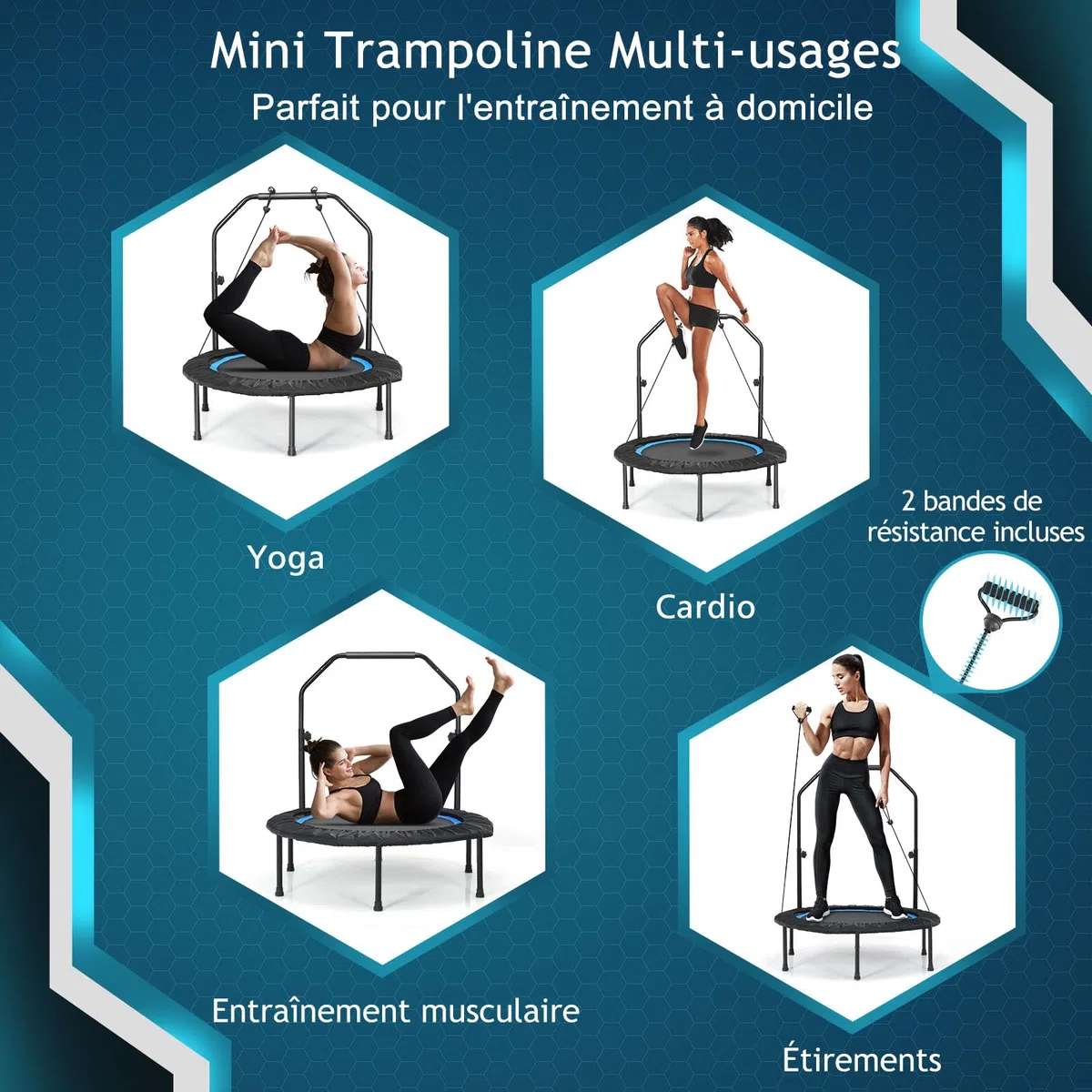 GYMAX Trampoline de Fitness φ101cm, pour Adultes & Enfants, Poignée en Mousses Réglable en Hauteur, Design Pliable, Toile de Bonne Résistance, Installation Facile