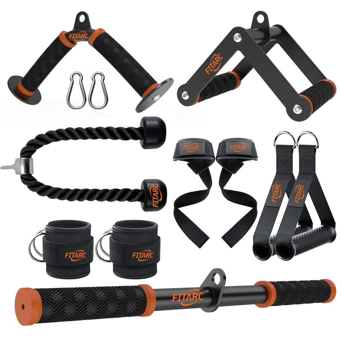 Set d'attaches pour machine à câble Fitarc pour gym à domicile, attaches pour traction LAT et triceps avec poignée en D, barre en V, corde pour triceps, barre droite, poignées étriers, sangles pour