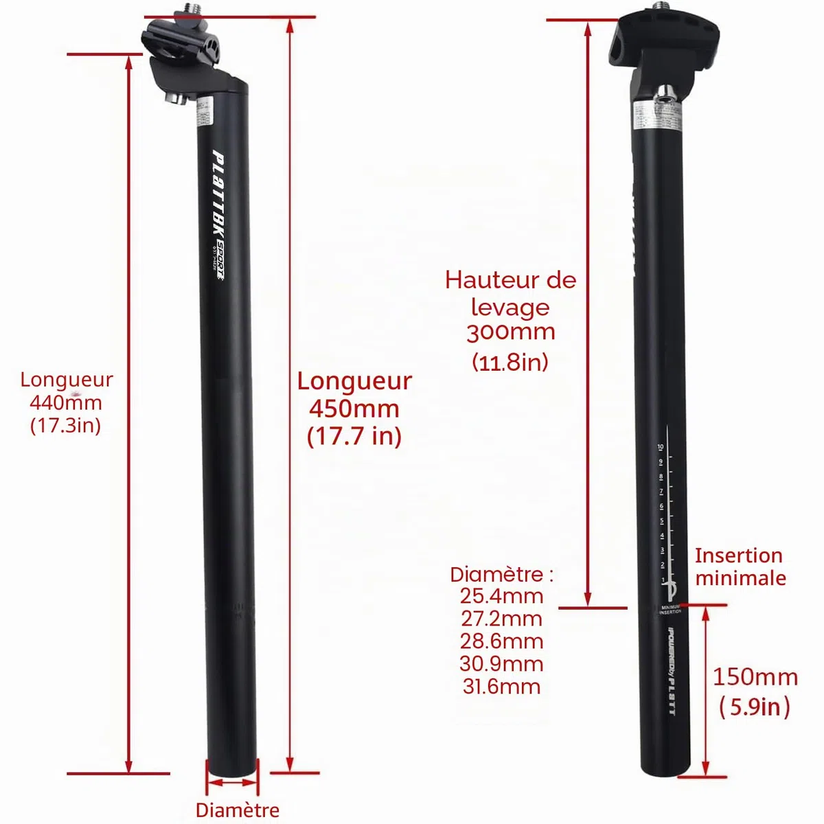 PLATTBK Tige de Selle 25,4/27,2/28,6/30,9/31,6mm Tube Selle Velo en Alliage d'aluminium 440mm pour VTT Vélo de Route BMX