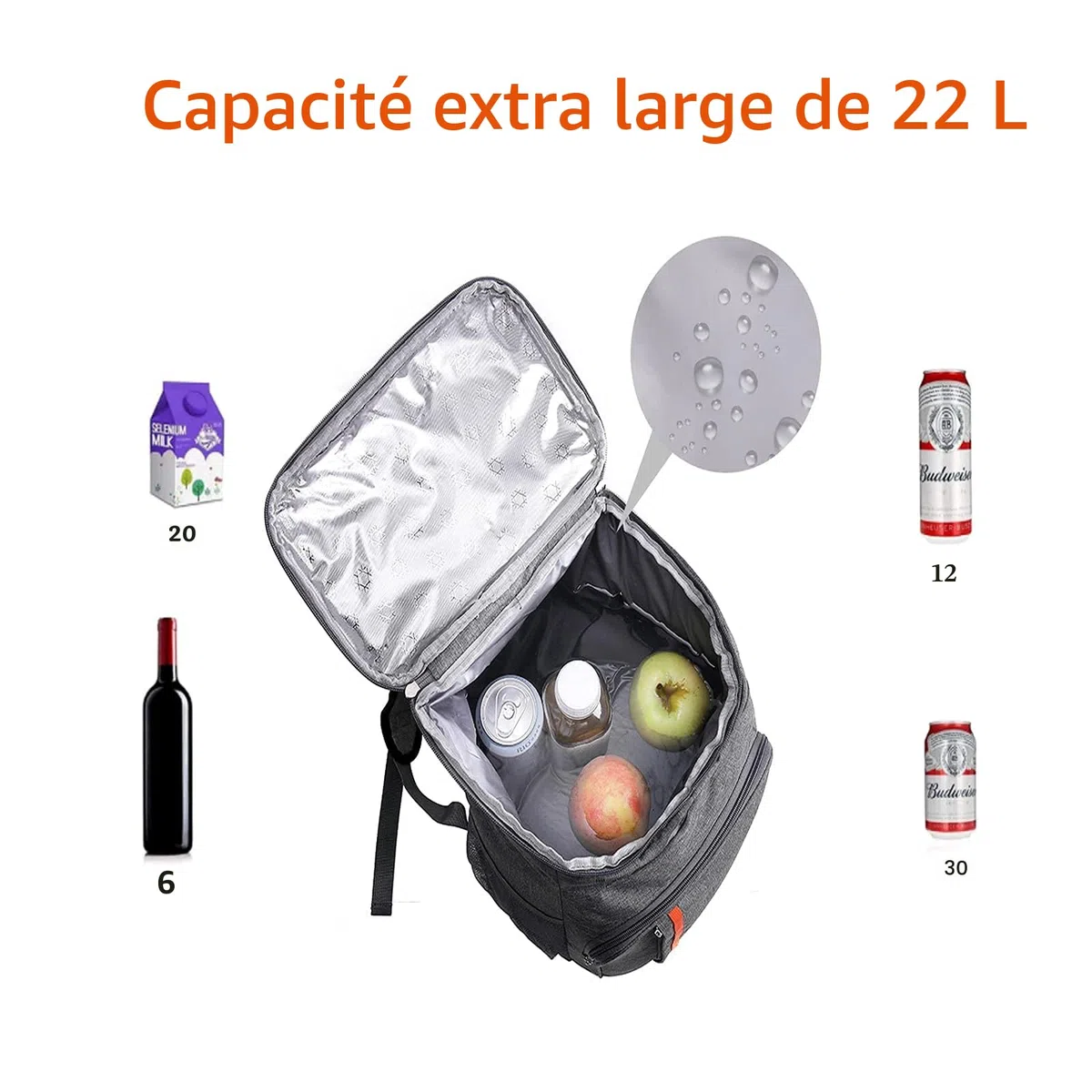 Sac à Dos Isotherme à Glacière 22L,Sac de Pique-Nique Sac Isotherme Portable Cooler Backpack Bag, pour Hommes Femmes pour Déjeuner Plage Camping BBQ Travail Ecole Pique-Nique