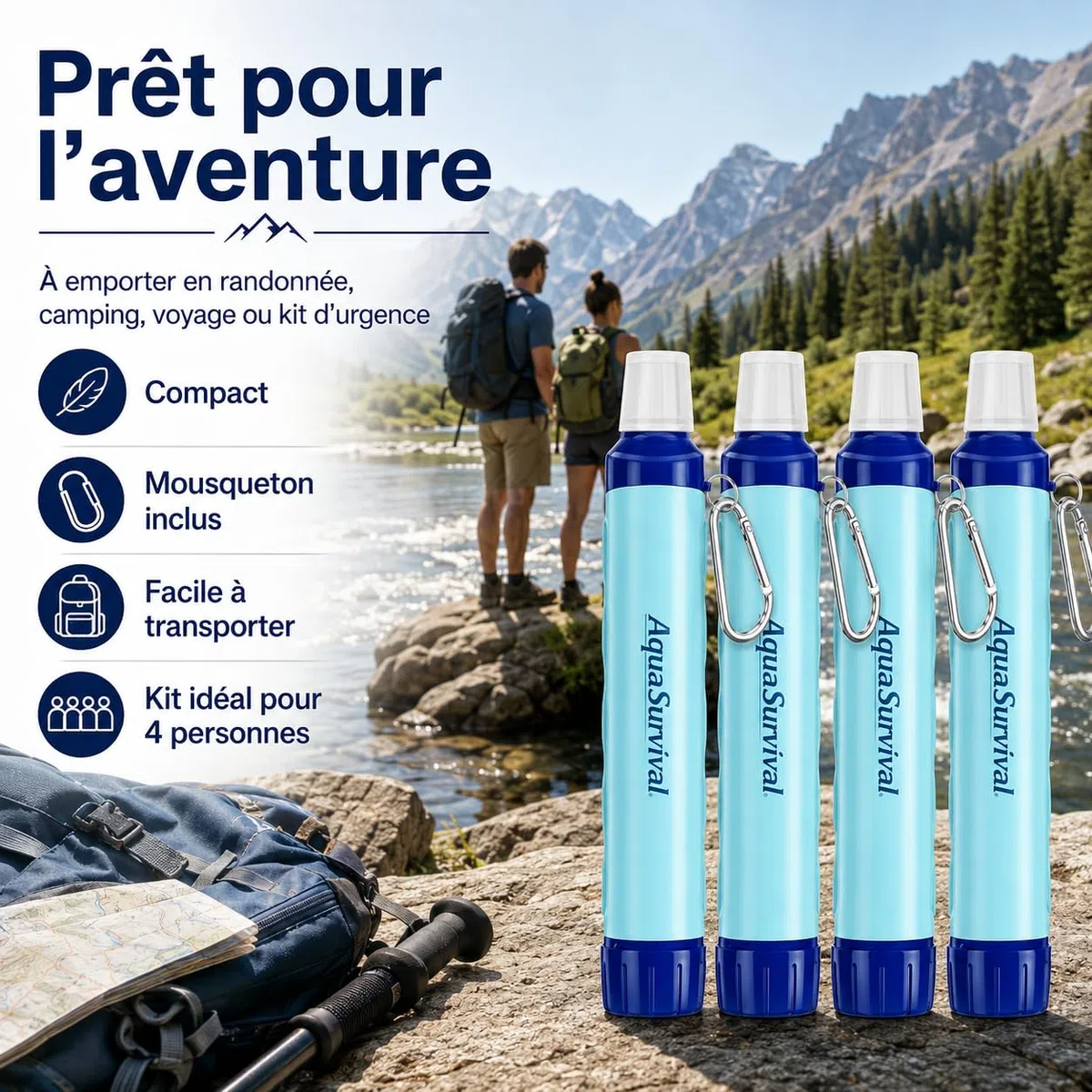 AquaSurvival - Lot de 4 Paille Filtrante Survie, Filtre Eau Portable 0,1 Micron Élimine 99,99% Bactéries, Purificateur d'Eau Randonnée Camping, Filtre a Eau Gourde Filtrante Eau Non Potable Sans BPA