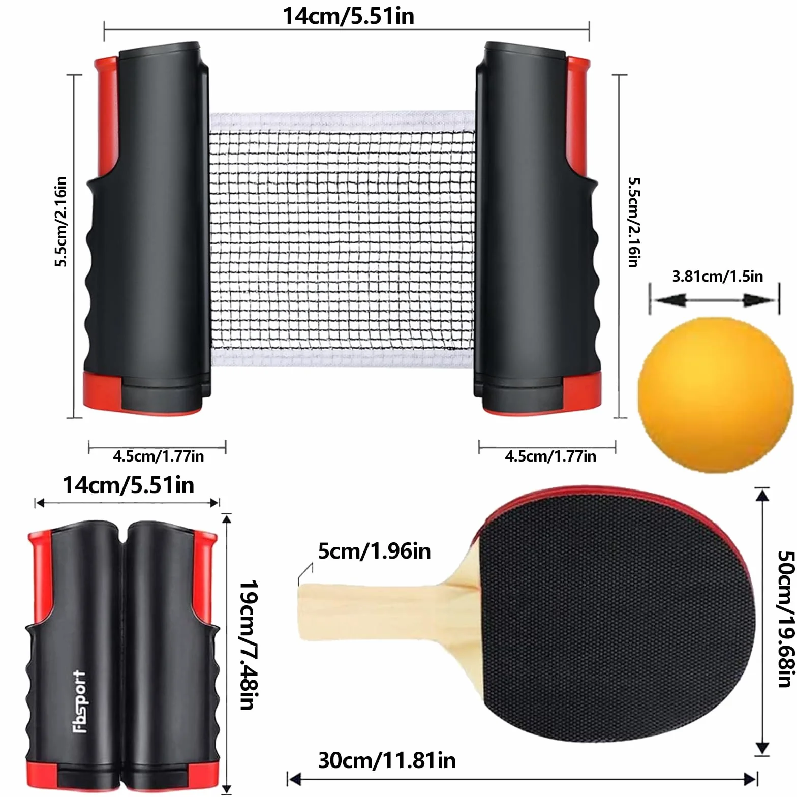 Set de Tennis de Table, Ping Pong Kit, Ensemble de Raquettes de Ping-Pong, avec 2 Raquette de ping-Pong+3 Balles+1 Rétractable Filet Ping Pong pour Table+1 Sac de Transport