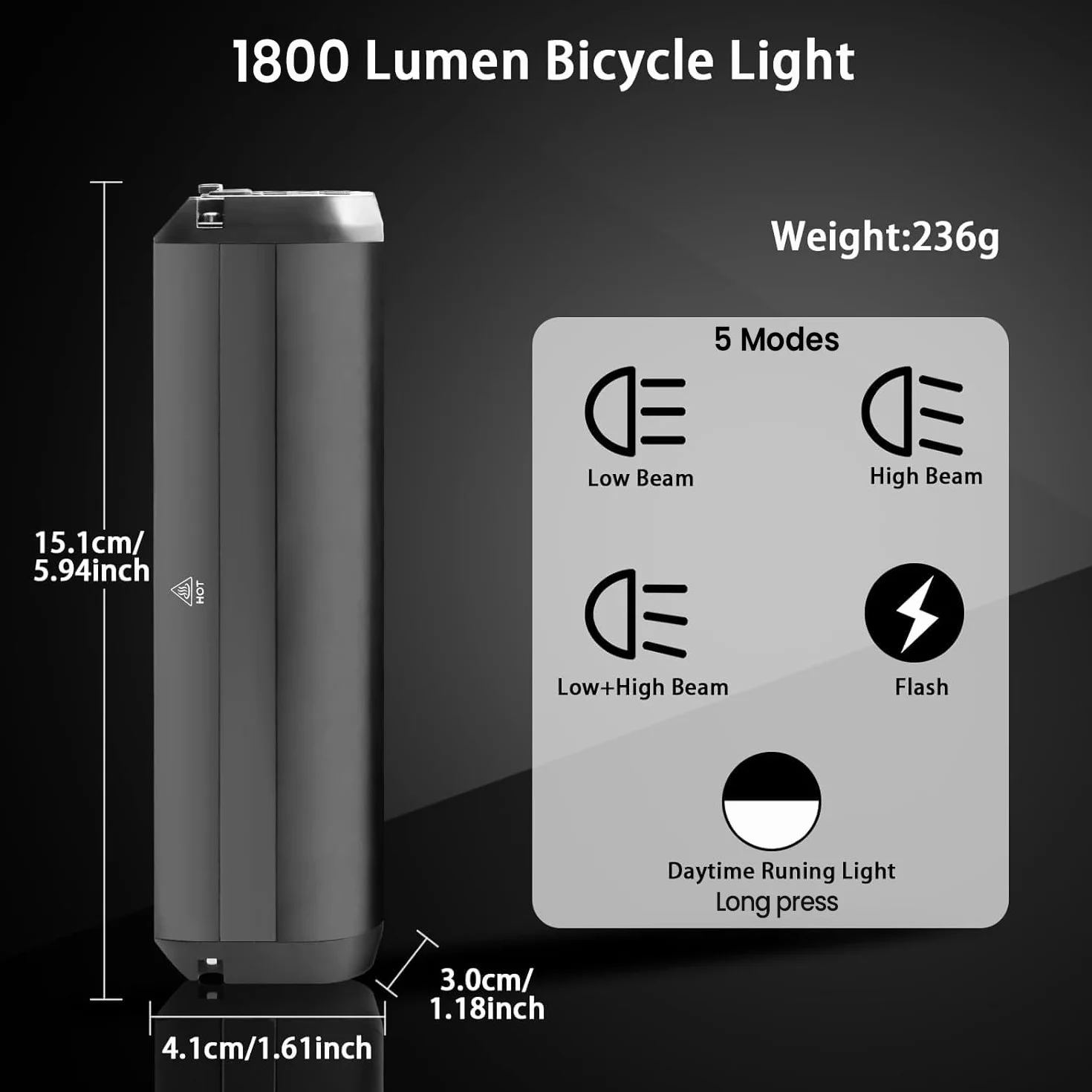 Lumiere Velo Avant, 1800 lumens Lampe Velo LED puissantes 5 Modes Lampe Vélo 4000mah Rechargeable USB Étanche IPX5 Lumière Avant Convient aux vélos VTT VTC