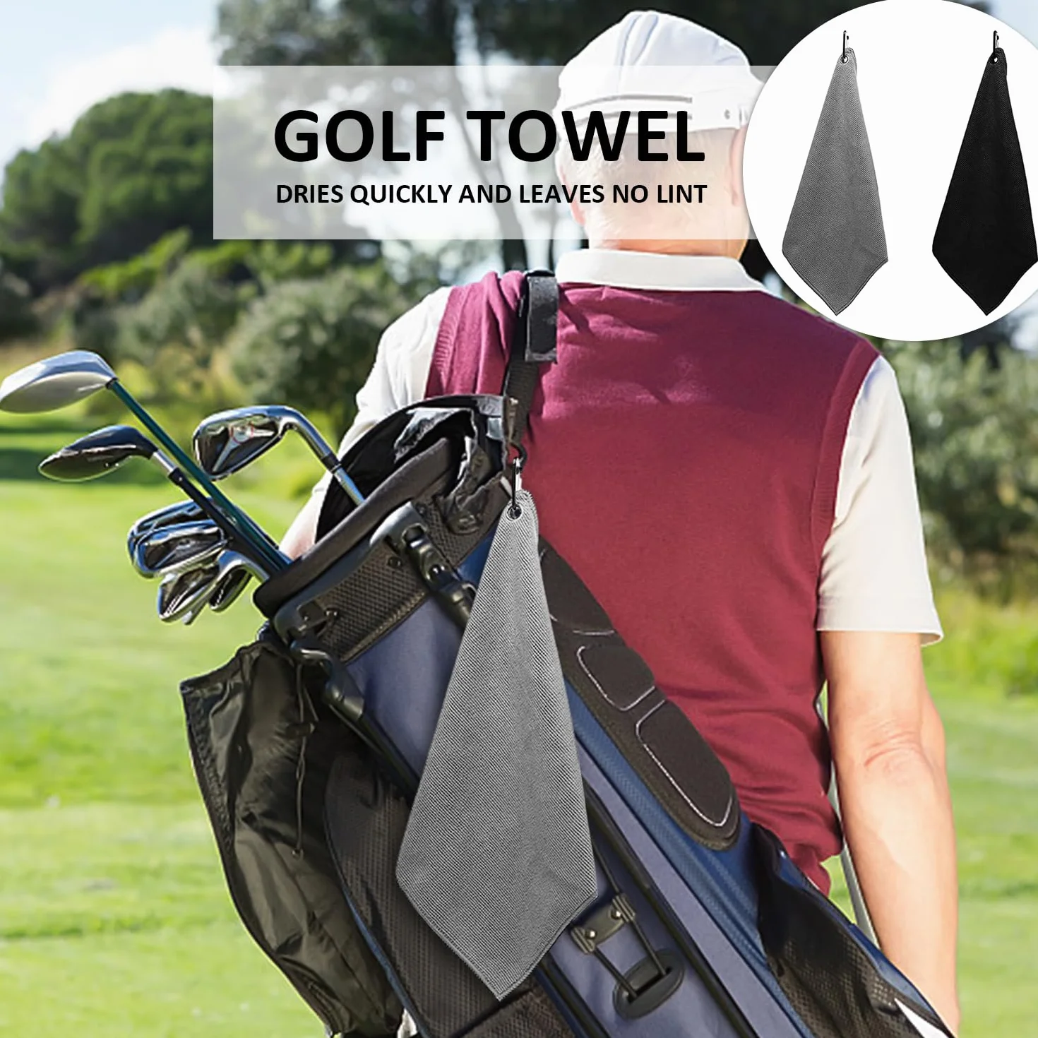 MEMOFYND Lot de 2 serviettes de golf, multifonctionnelles, absorbantes, avec mousqueton, pour sport et fitness, en microfibre, noir/gris, 30 x 30 cm