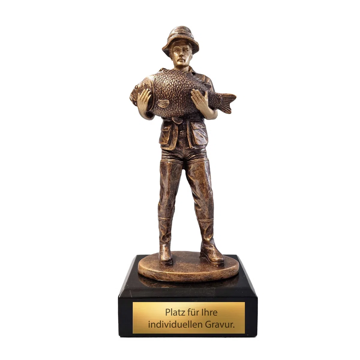 Trophée de pêche en bronze de 20,5 cm - Trophée de pêche - Prix Fischer avec motif carpe sur socle noir - Coupe personnalisée avec texte au choix