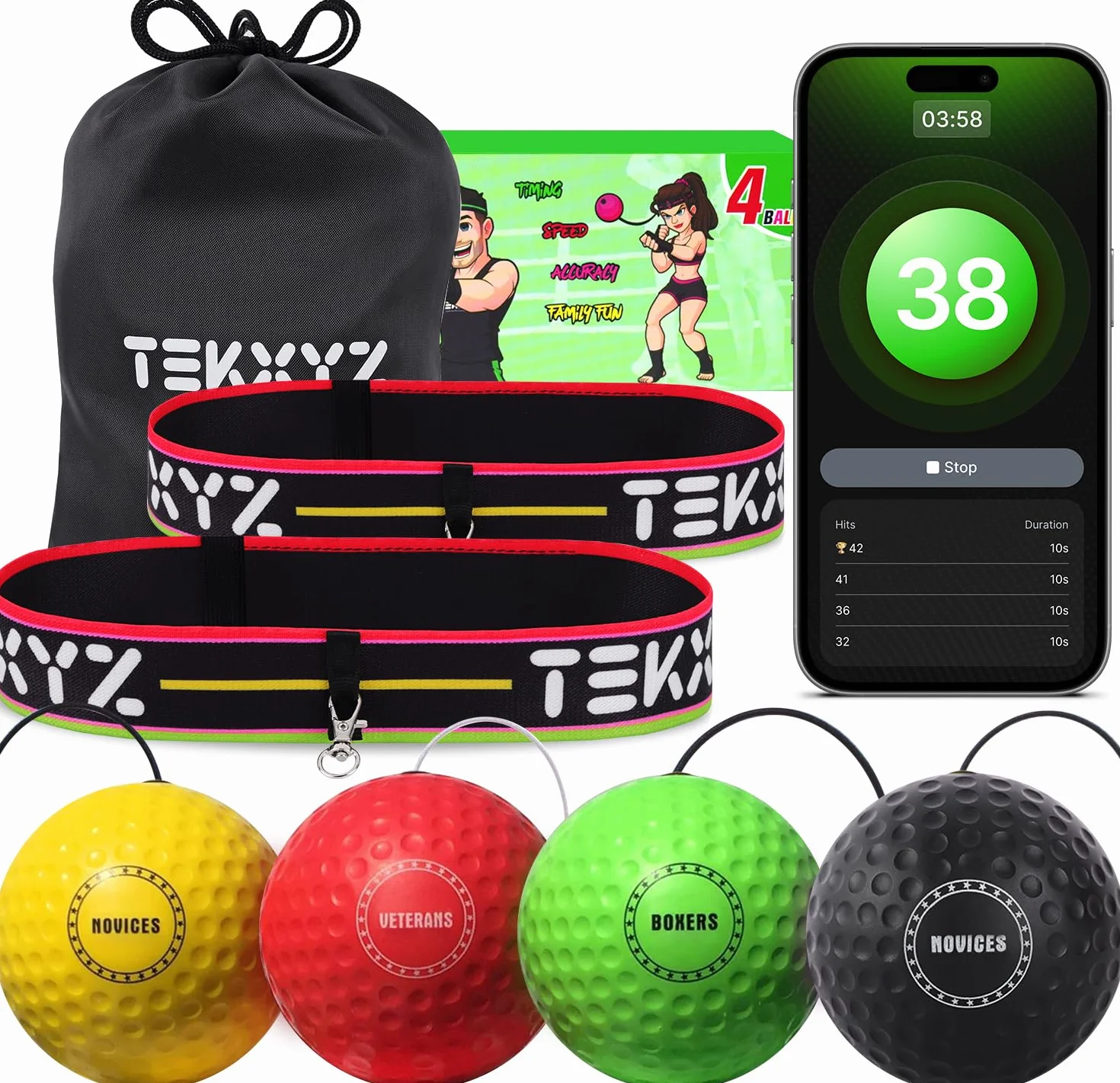 Tekxyz Pack Familial balles de Boxe avec Bandeaux pour entraînement des réflexes | 2 Bandeaux réglables + 2 balles débutant + 1 Balle vétéran + 1 Balle pour Boxeur et Plus